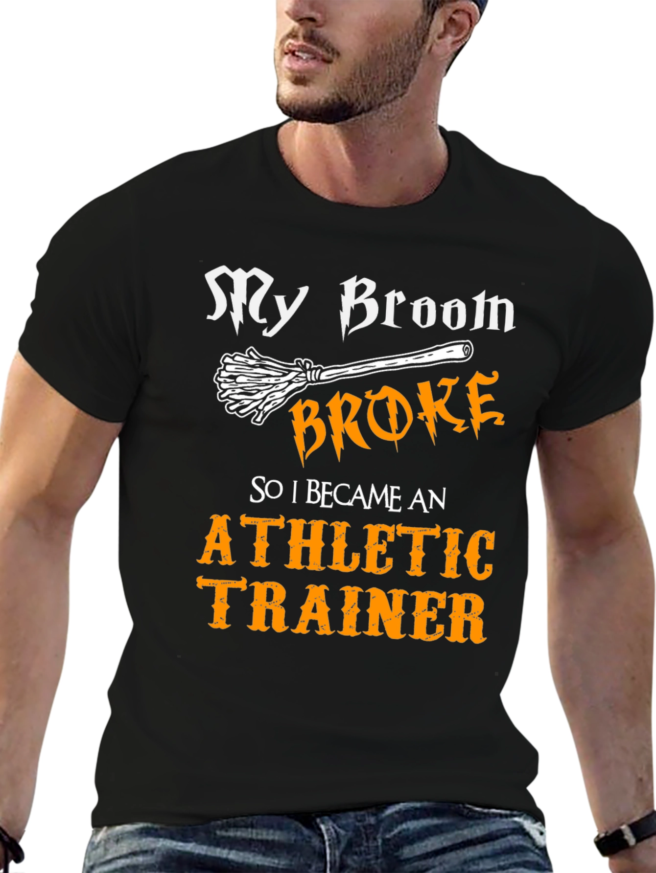 Black Funny Athletic Trainer T-Shirt: My Broom Broke! view 6