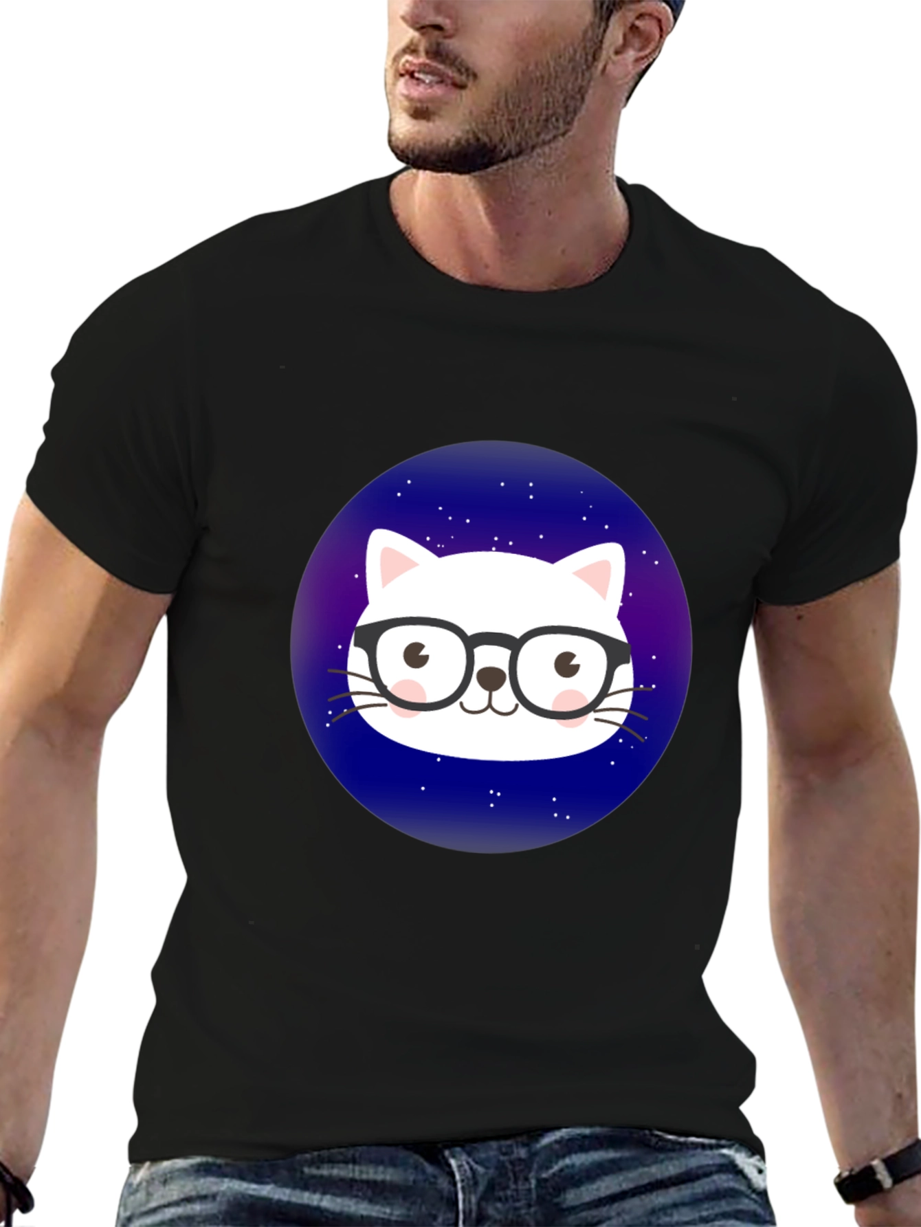 Black Cool Cat in Space T-Shirt view 6