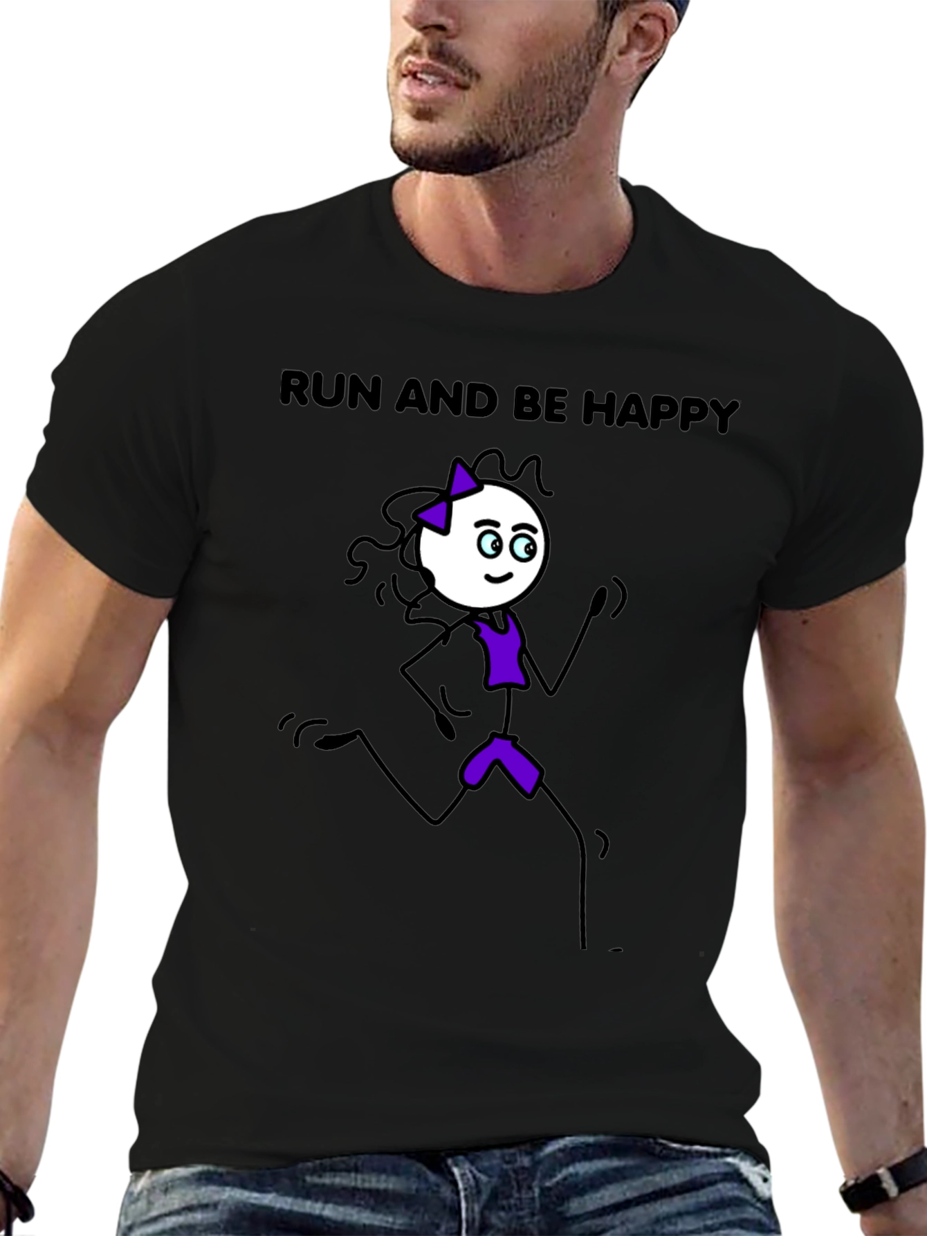 Black Run and Be Happy T-Shirt - Stick Figure Design view 6