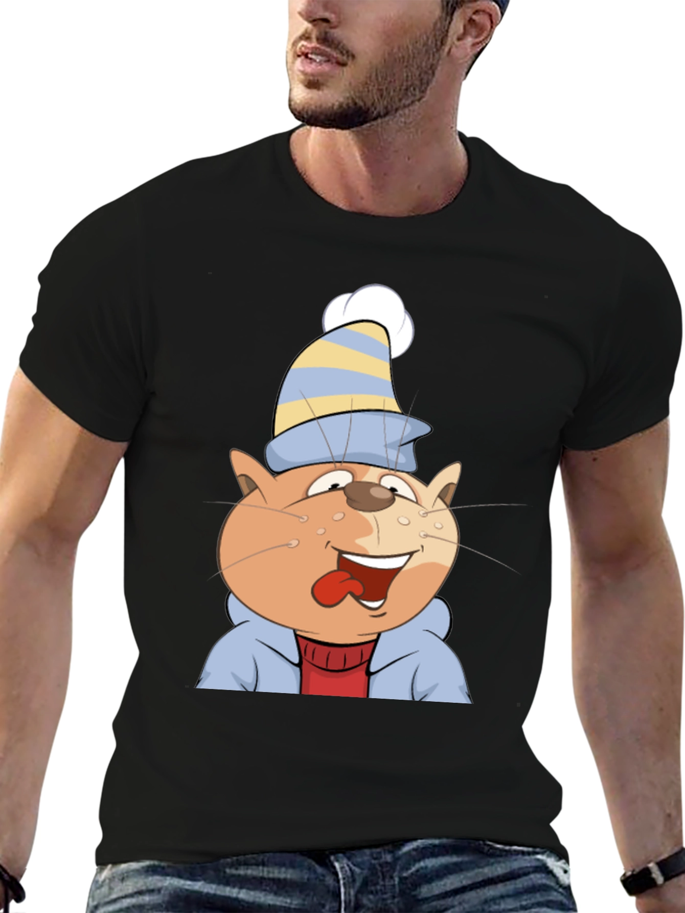 Black Cartoon Cat Graphic Tee - Black Cotton Casual Shirt view 6