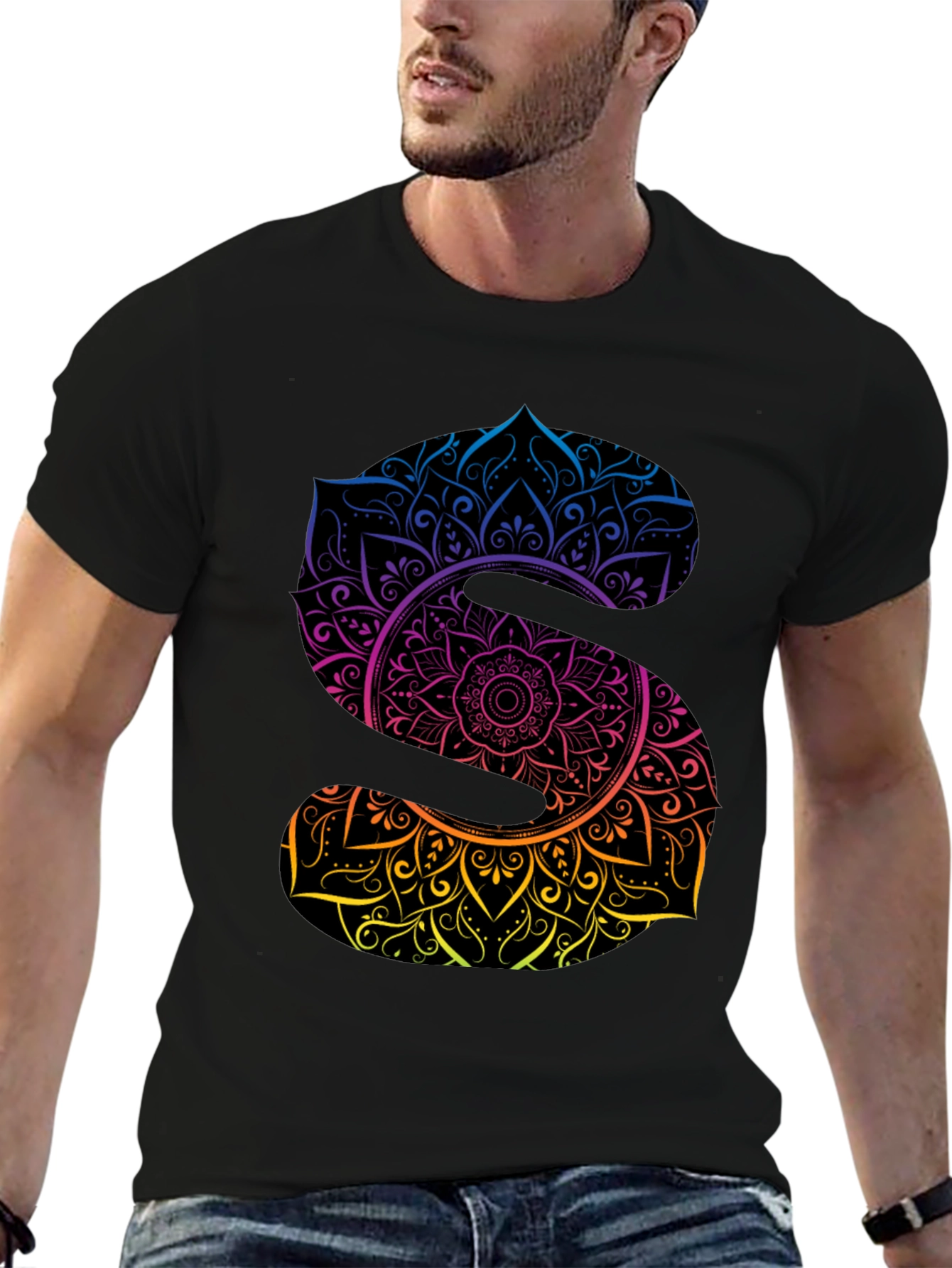 Black Mandala Letter S Graphic Black T-Shirt view 6
