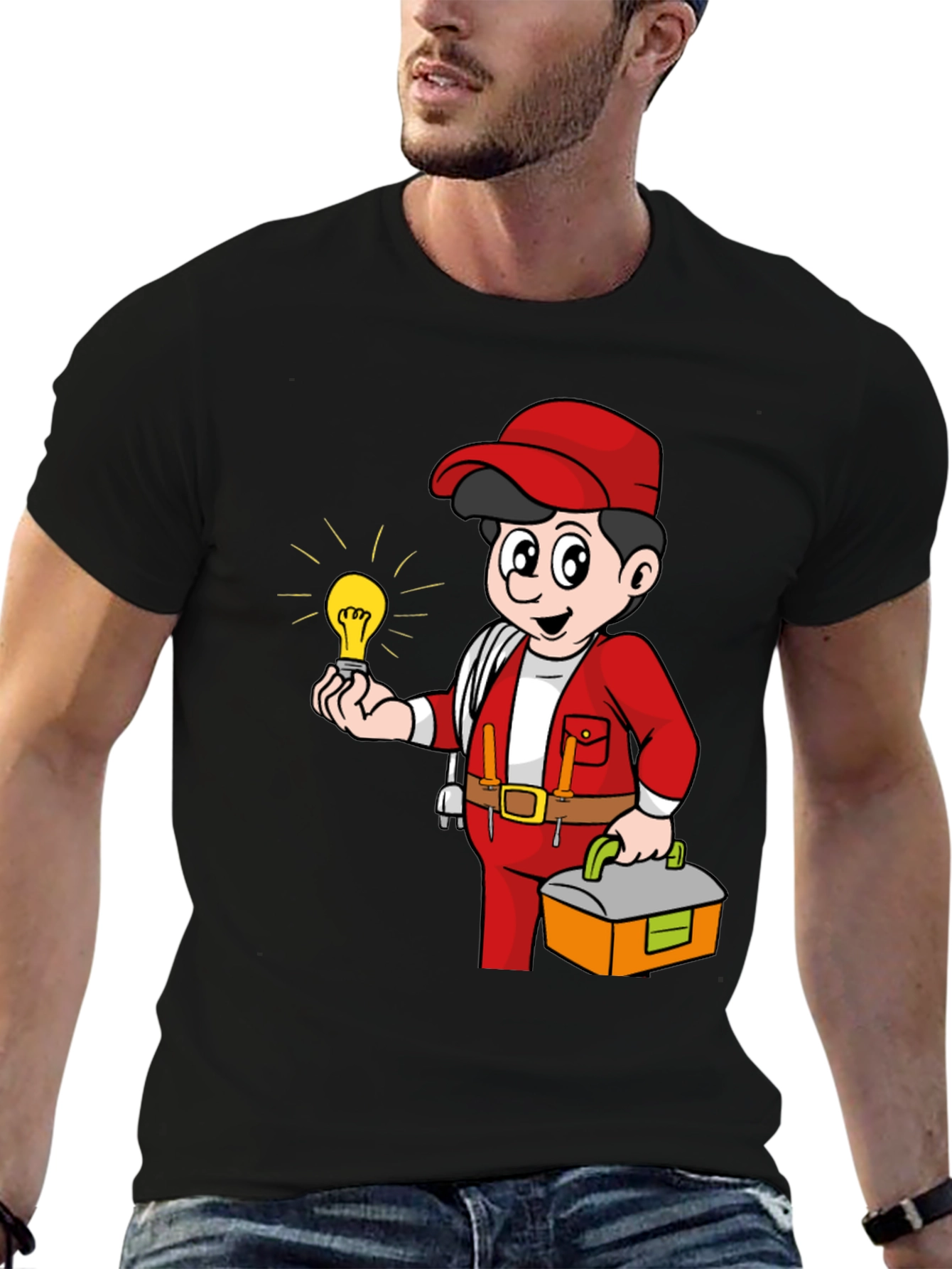 Black Electrician Cartoon Graphic Tee view 6