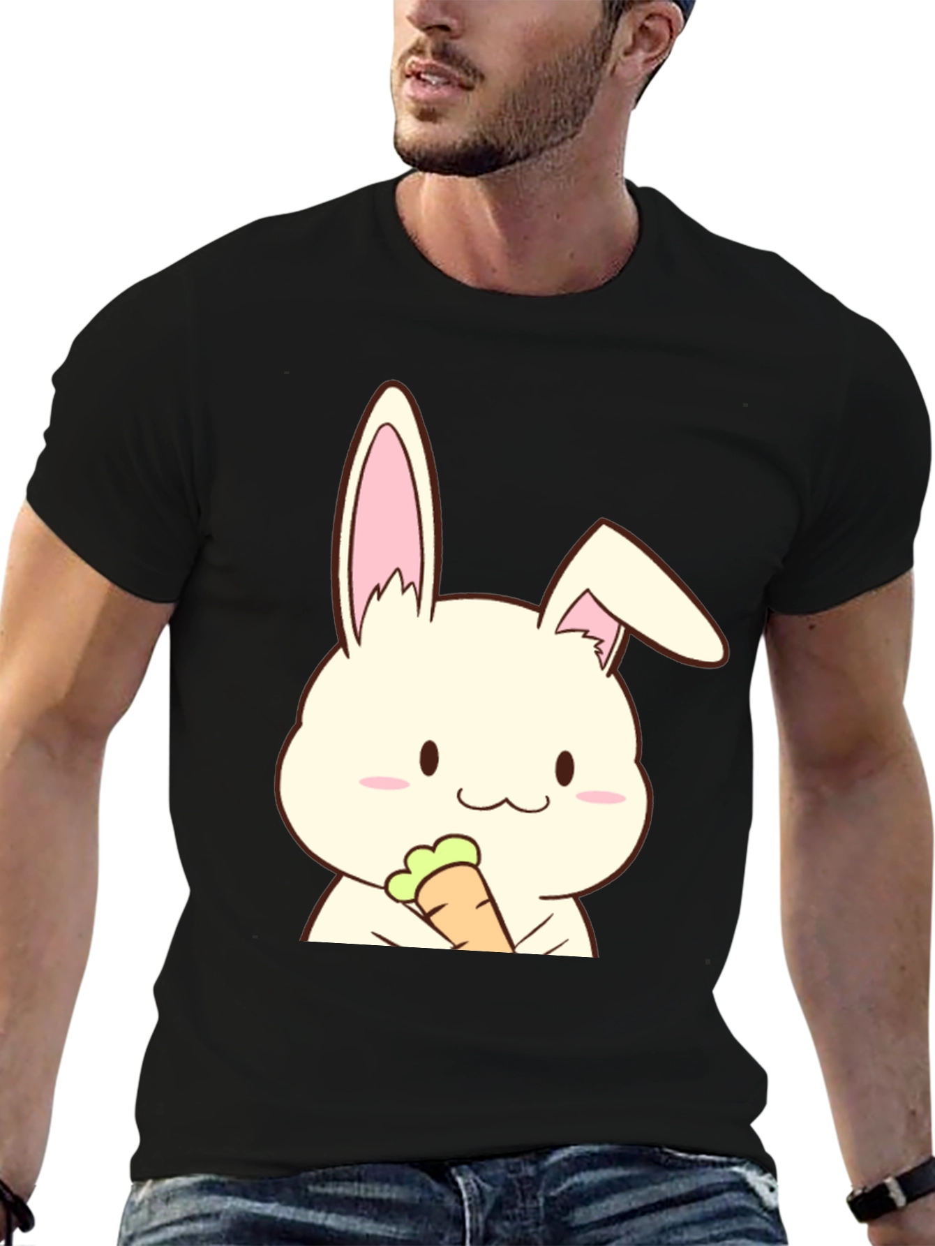 Black Cute Rabbit Holding Carrot Graphic T-Shirt view 6