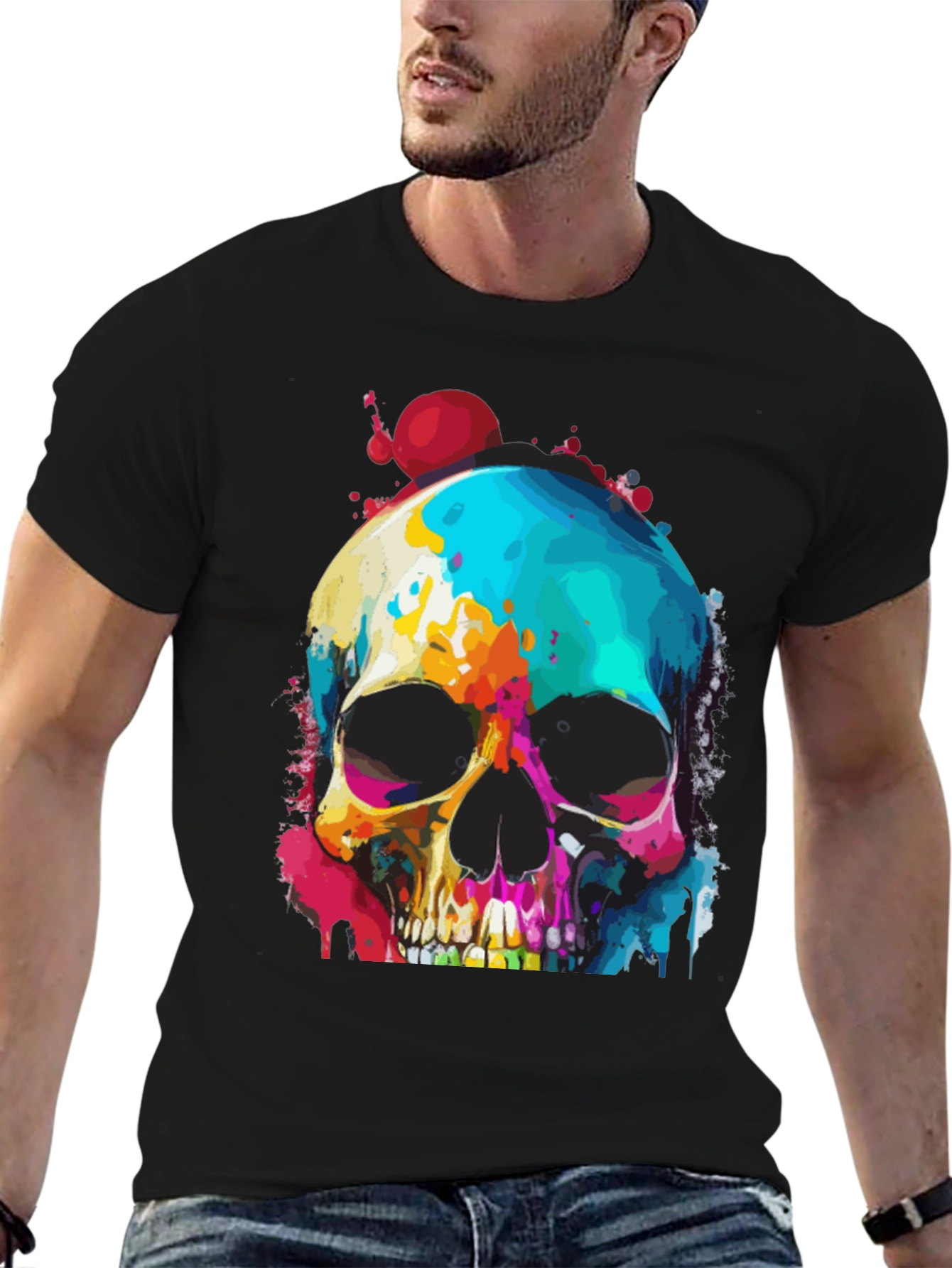 Black Vibrant Skull Graphic Tee - Men's Black T-Shirt view 6