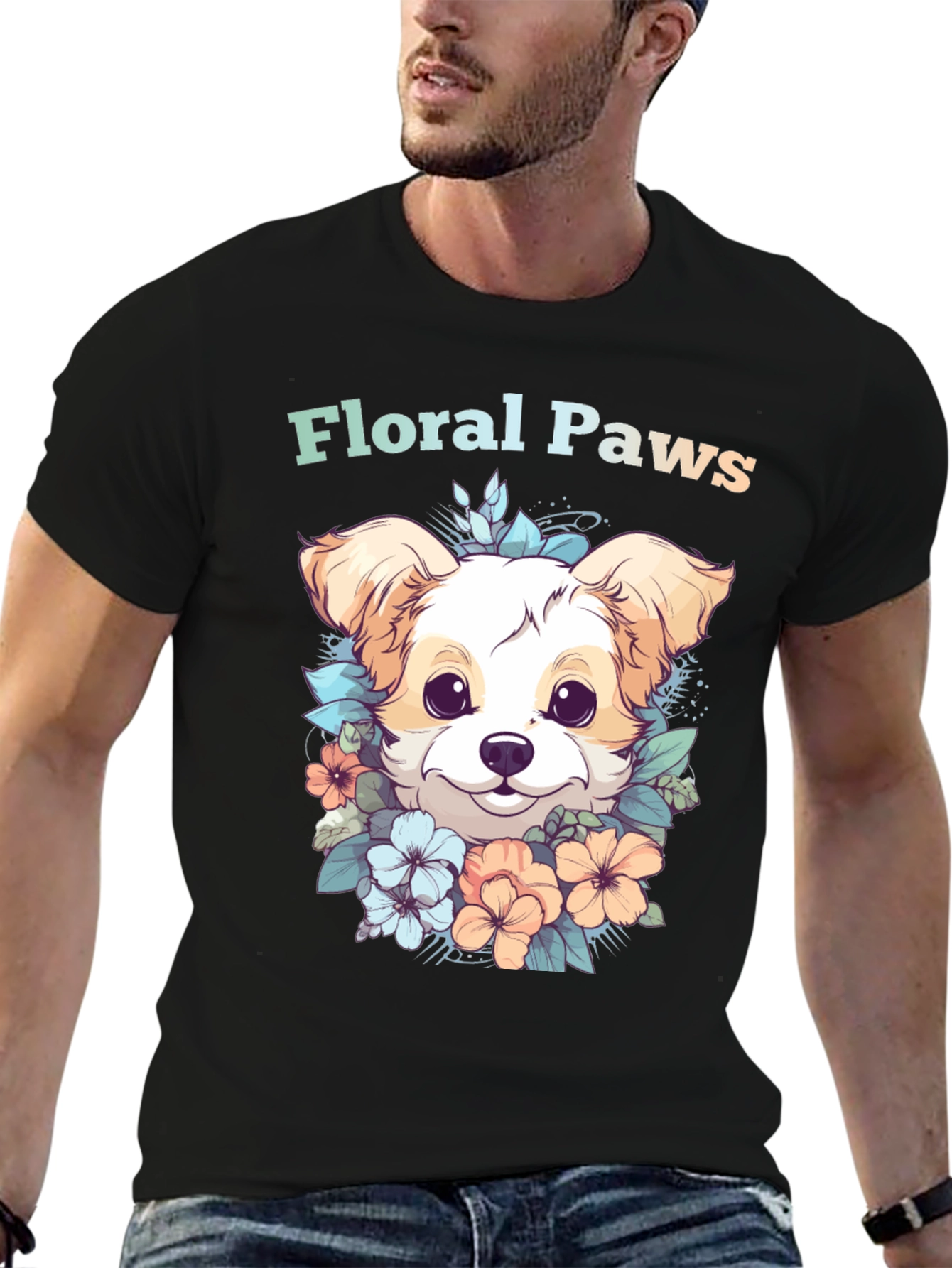 Black Floral Paws Dog Graphic Tee - Cute Puppy Shirt view 6