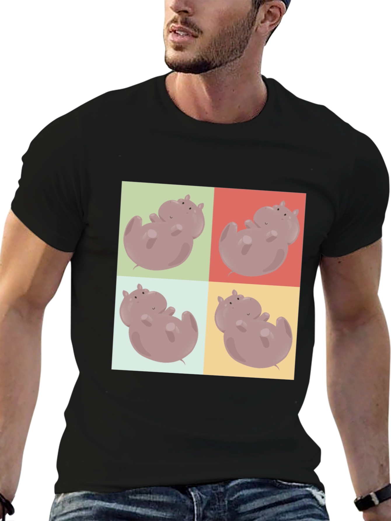 Black Hippo Pop Art Black T-Shirt view 6