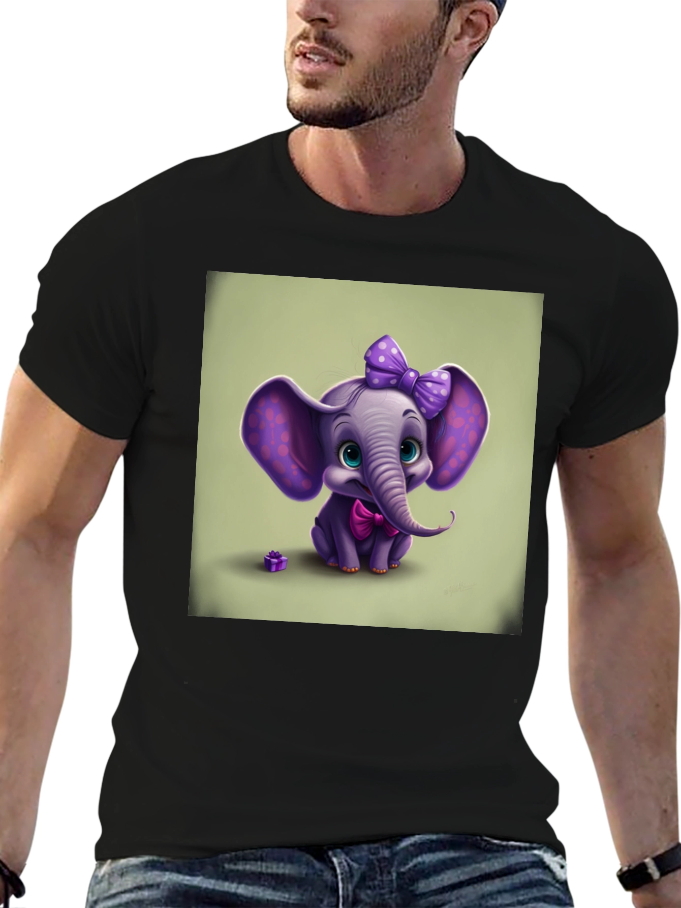 Black Cute Elephant Graphic Tee - Black Cotton Shirt view 6
