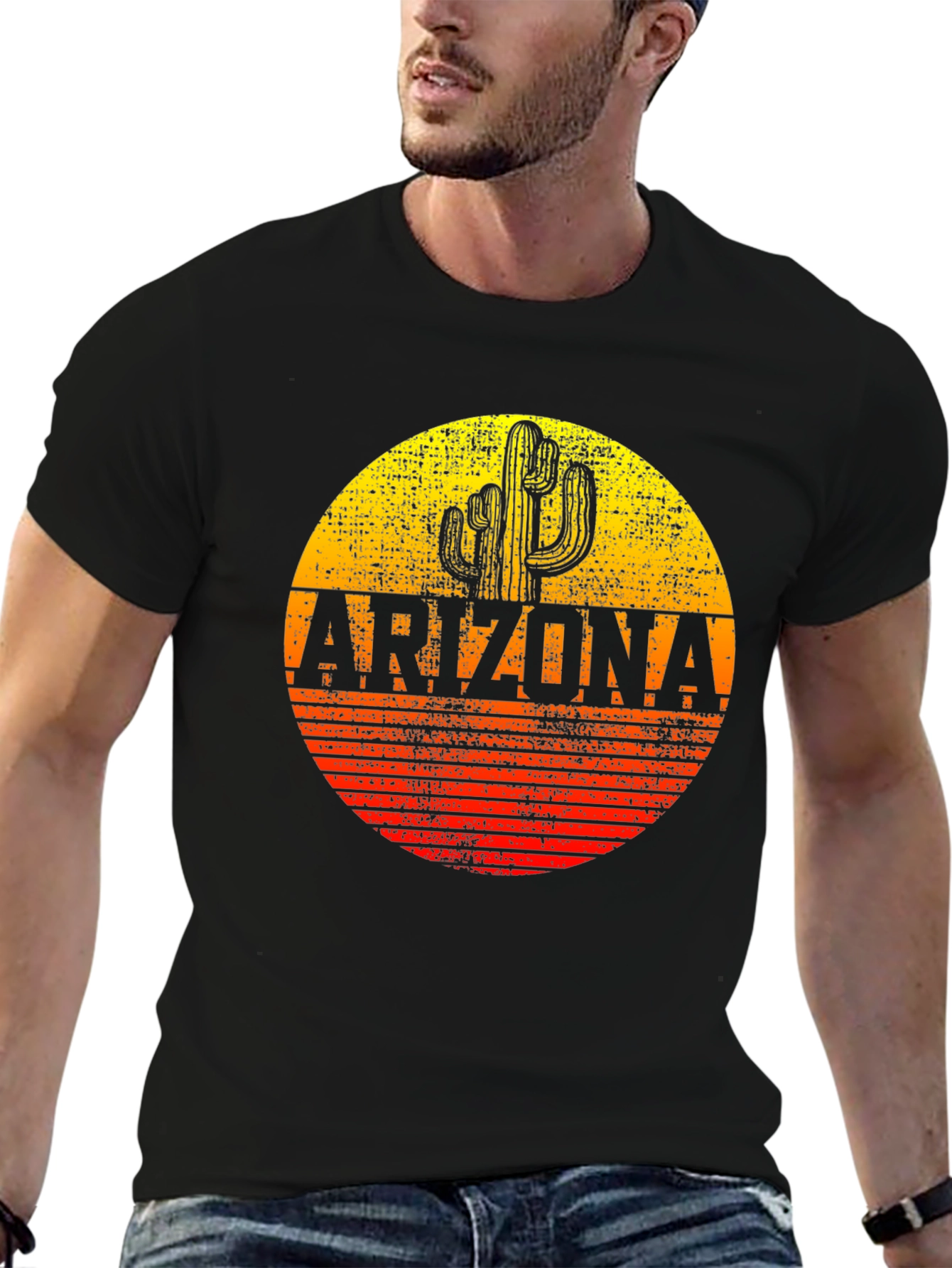 Black Arizona Cactus Graphic T-Shirt - Retro Sunset Design view 6