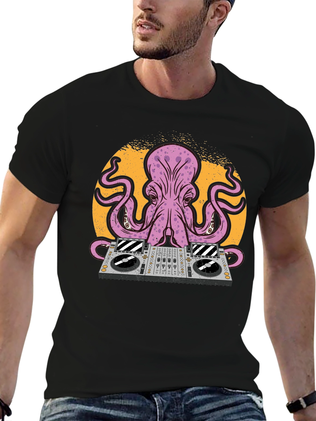 Black DJ Octopus Graphic Tee - Black Cotton T-Shirt view 6