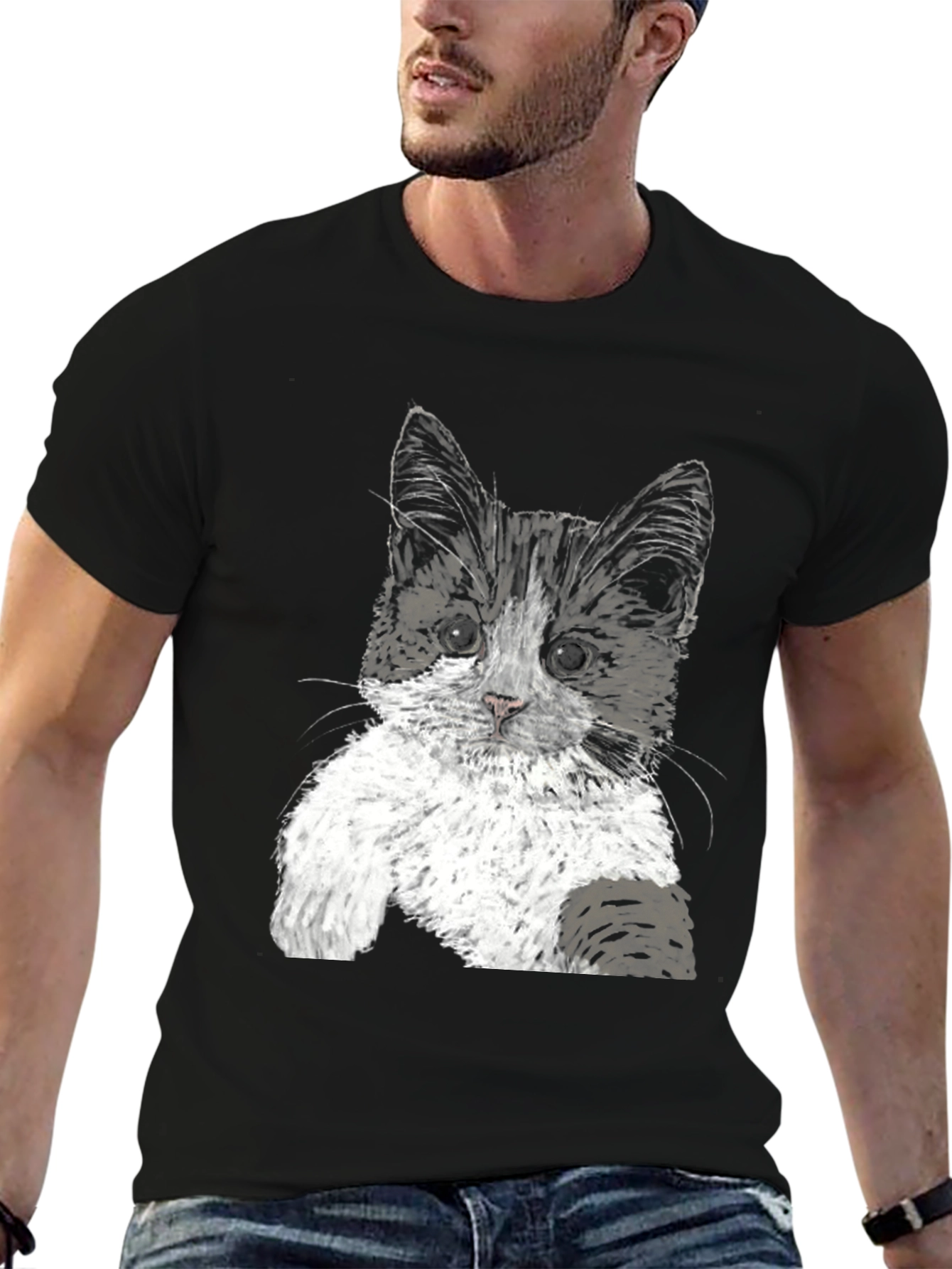 Black Cute Kitten Graphic Tee - Black Cotton T-Shirt view 6