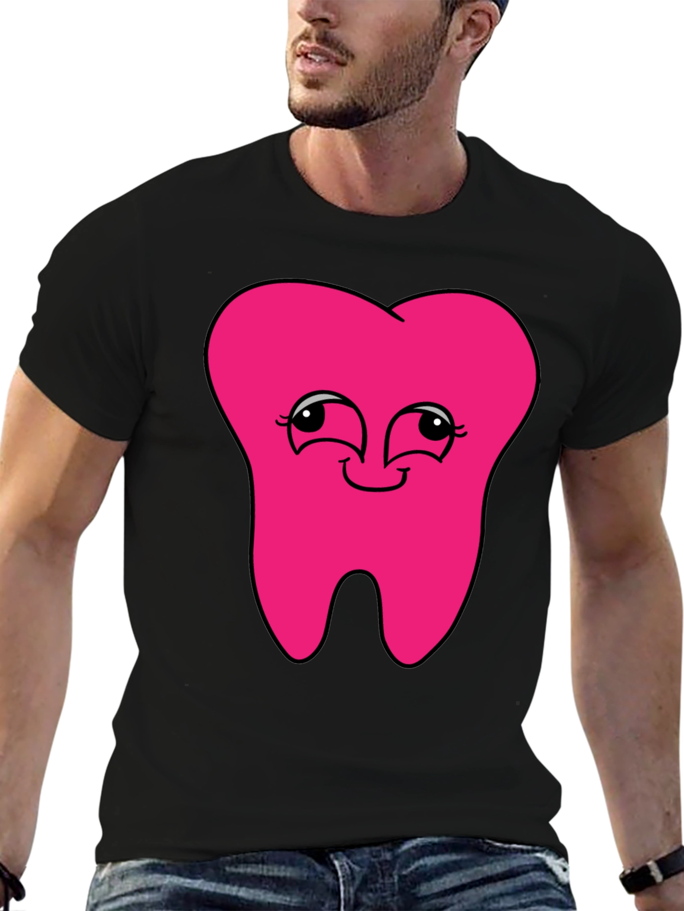 Black Funny Pink Tooth Graphic T-Shirt view 6
