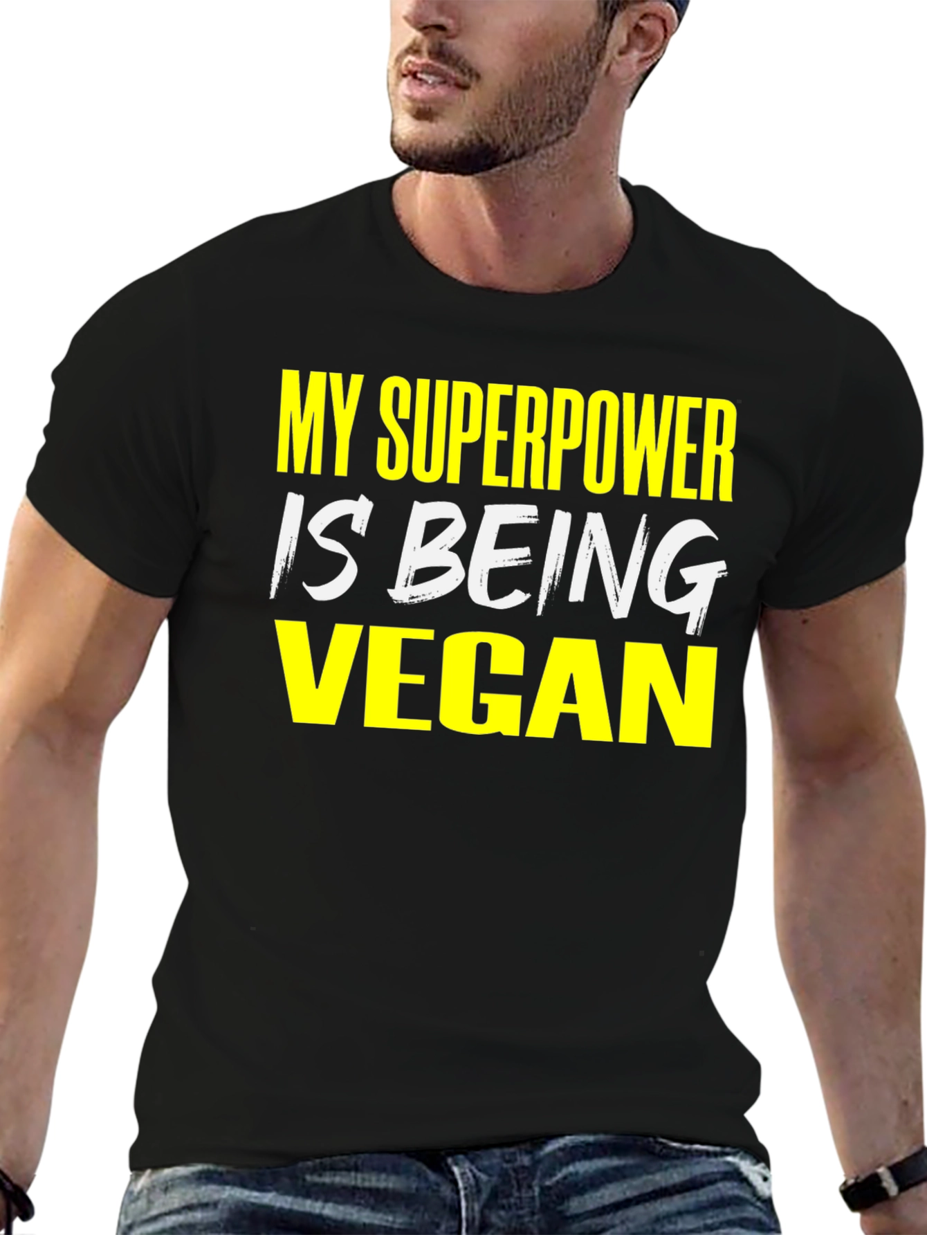 Black Vegan Superpower T-Shirt - Black Graphic Tee view 6