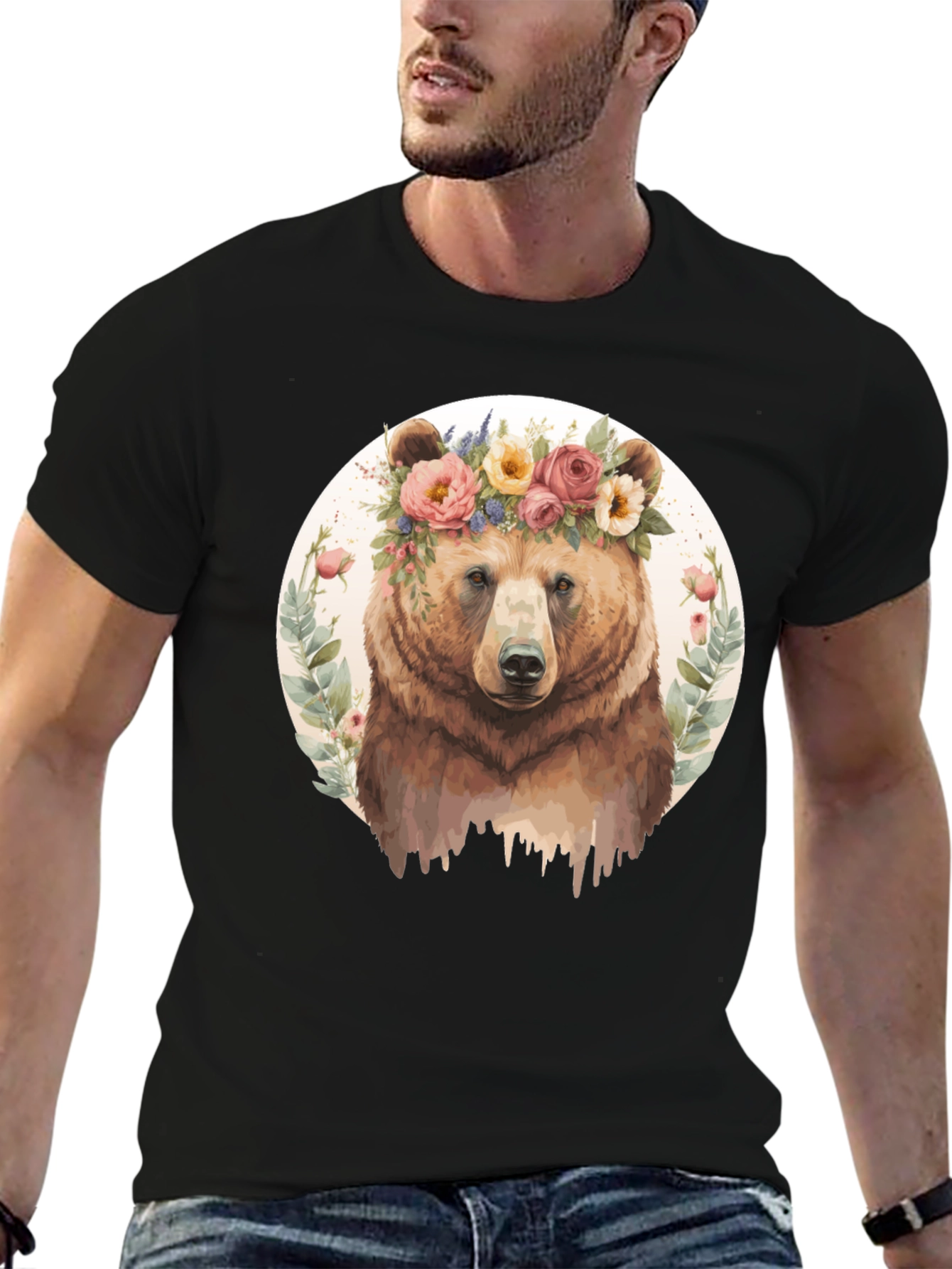 Black Floral Bear Graphic Tee - Men's Black T-Shirt view 6