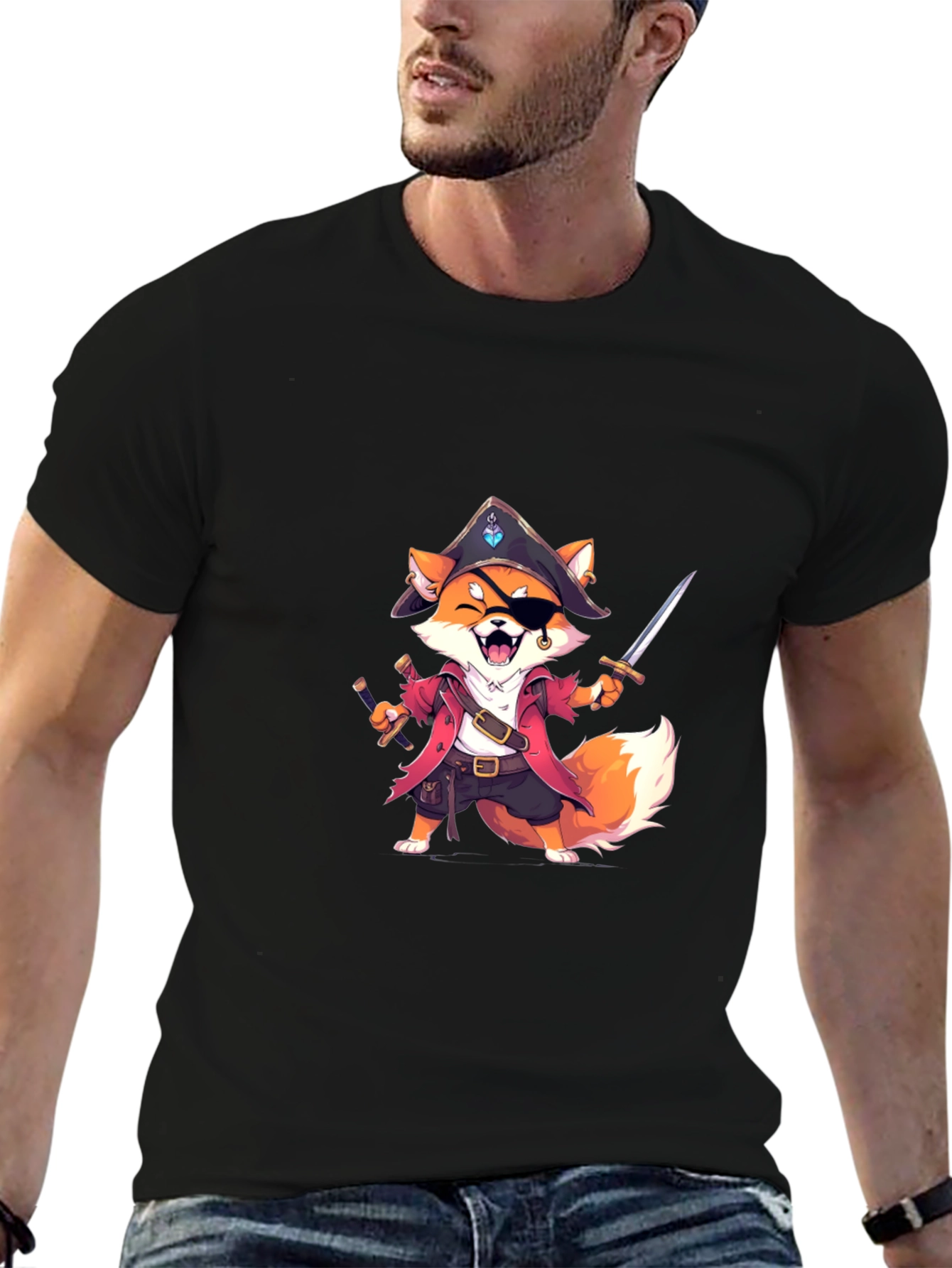 Black Pirate Fox Graphic Tee - Soft Cotton Blend view 6