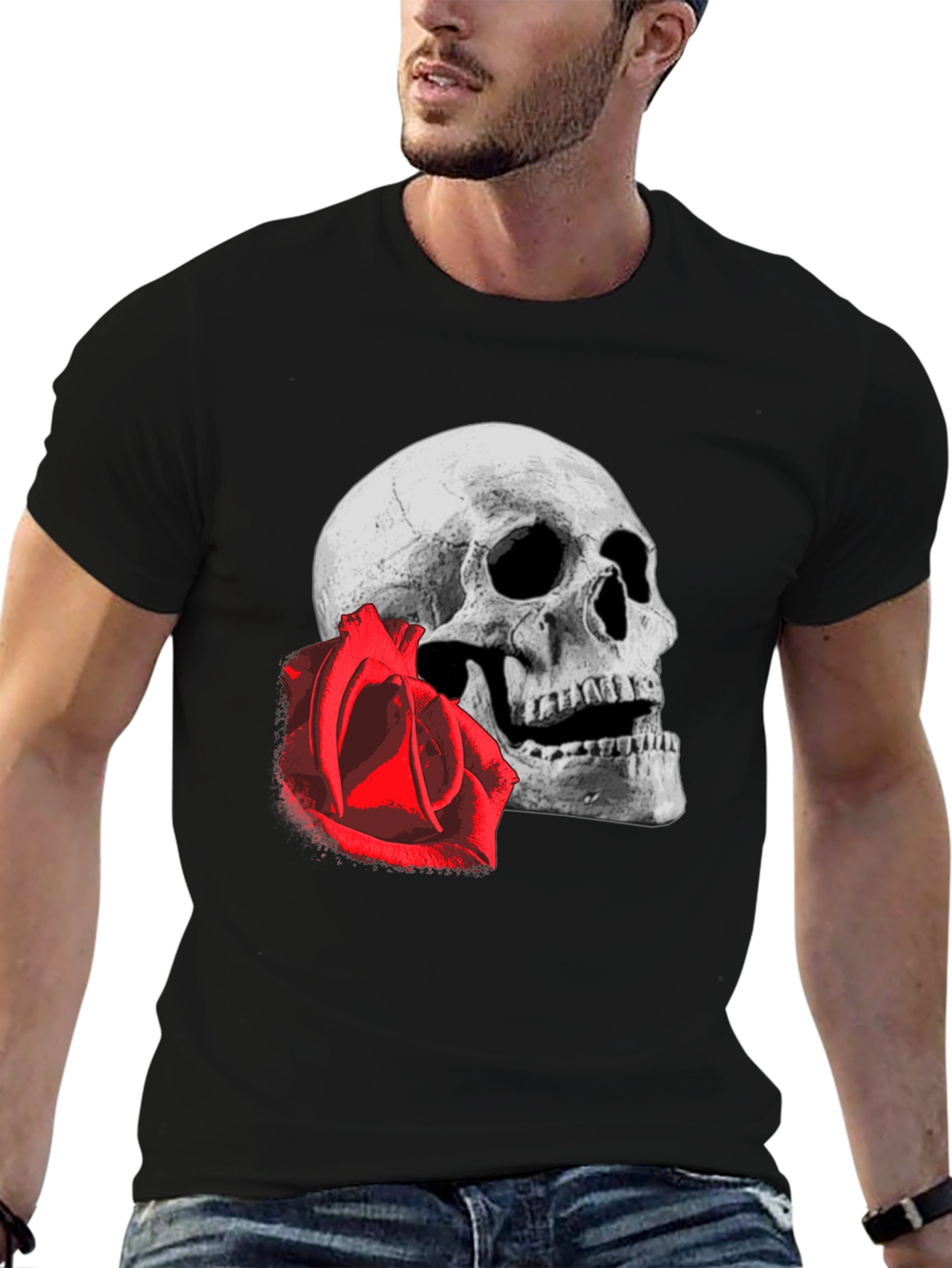 Black Skull & Rose Graphic Tee - Edgy Black T-Shirt view 6