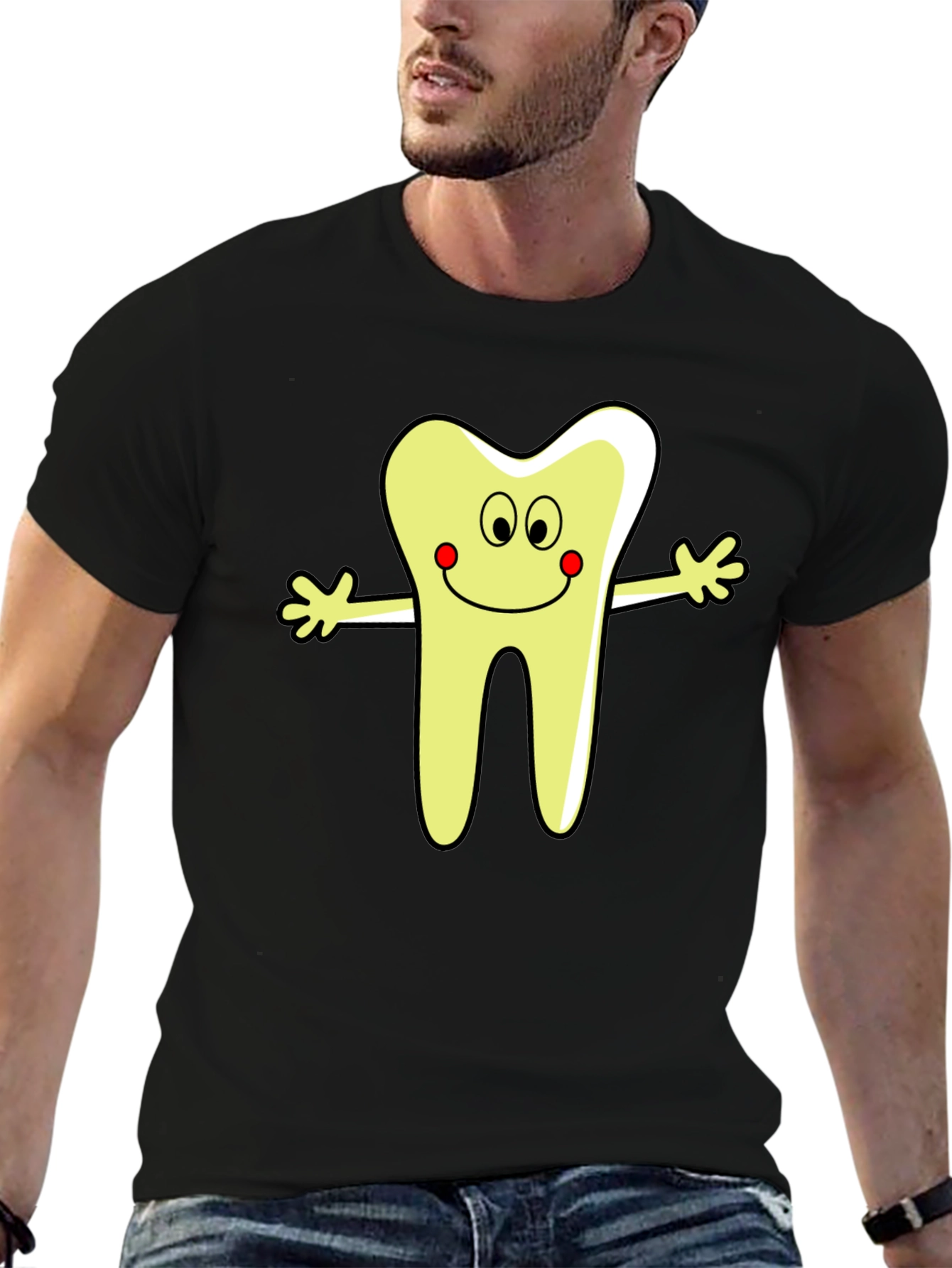 Black Cartoon Tooth Graphic T-Shirt - Black Cotton Tee view 6