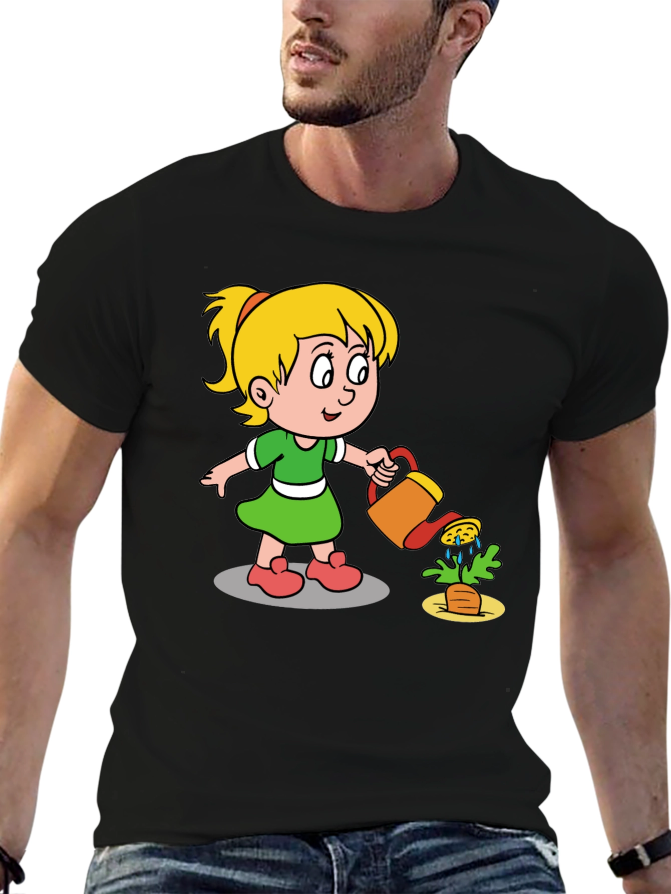 Black Cartoon Girl Gardening T-Shirt view 6
