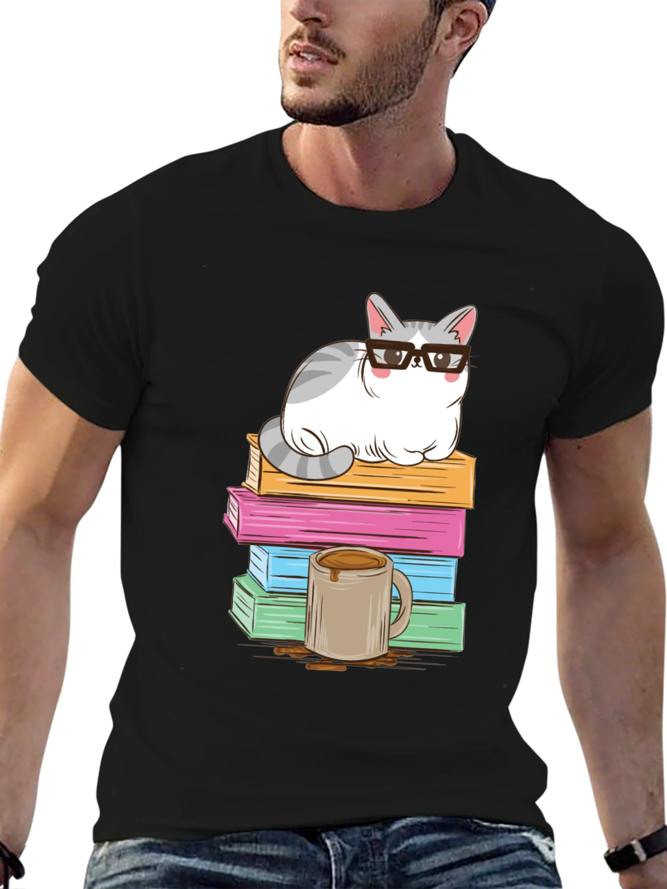 Black Cat with Glasses on Books T-Shirt view 6