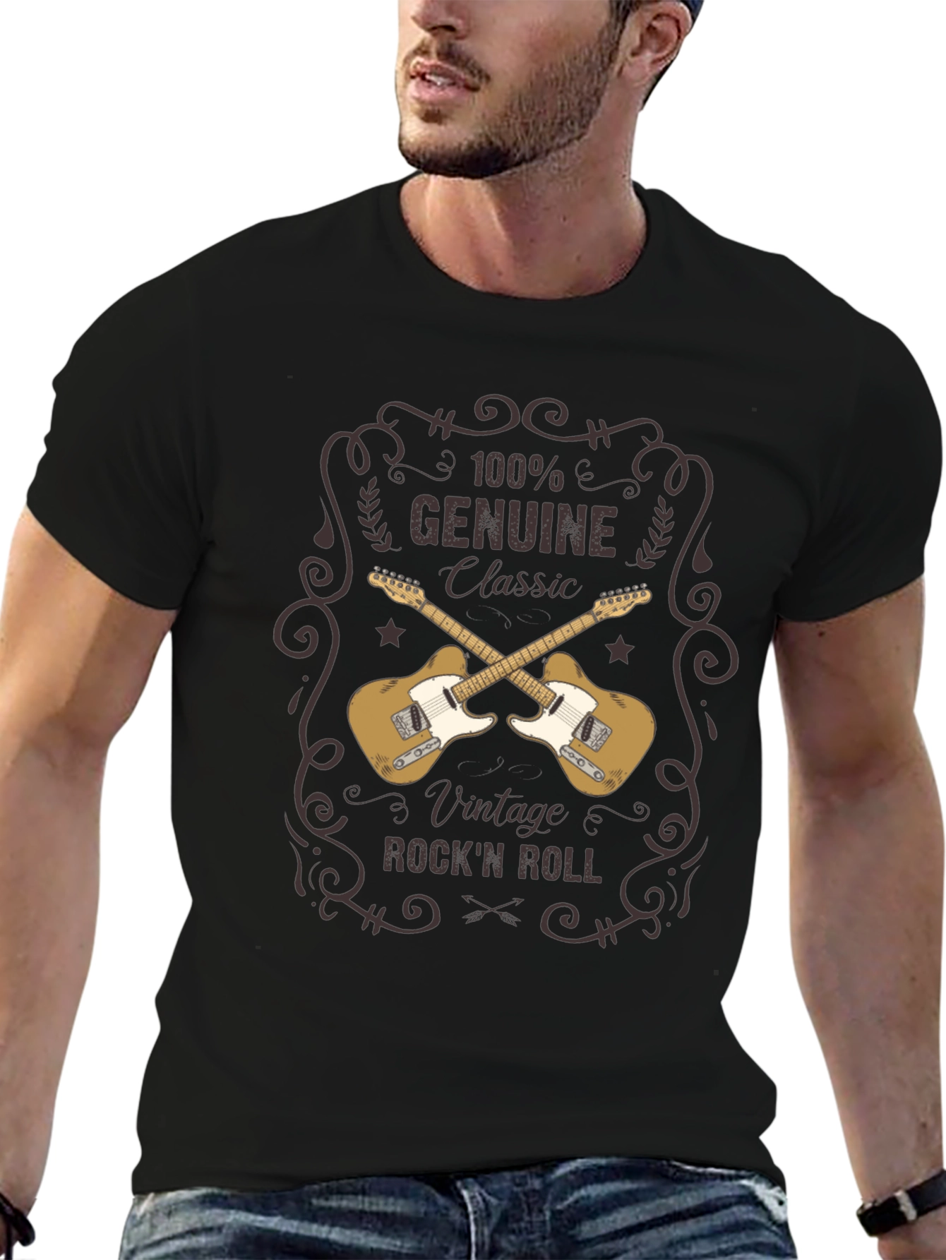 Black Vintage Rock'n'Roll Guitar T-Shirt view 6