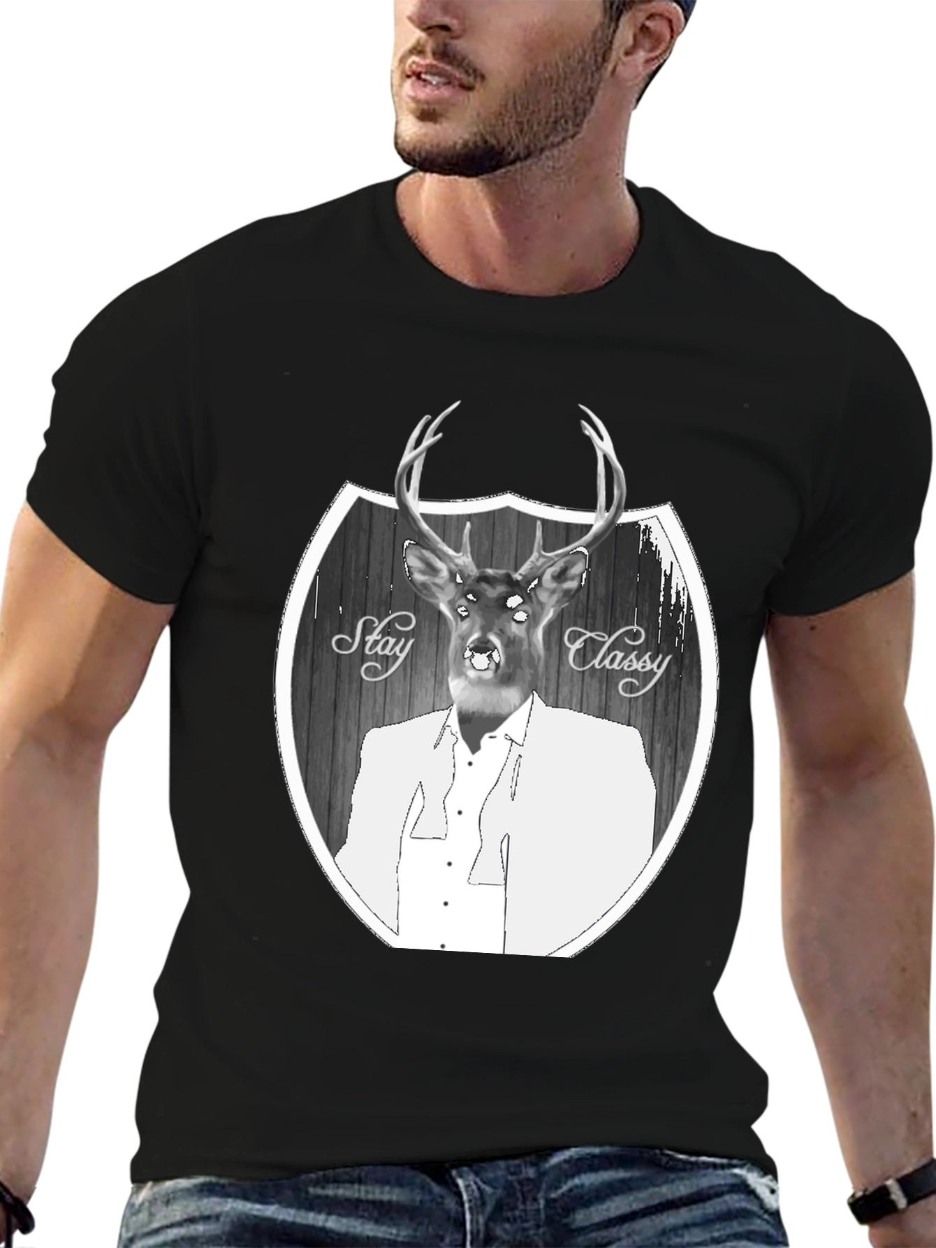 Black Stay Classy Deer Graphic T-Shirt - Men's Black Tee view 6