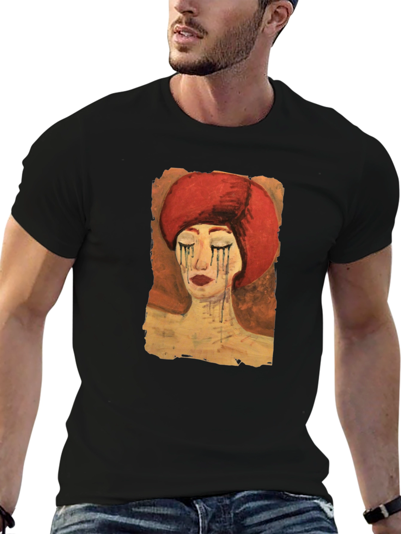 Black Artistic Woman Graphic Tee - Black Casual T-Shirt view 6