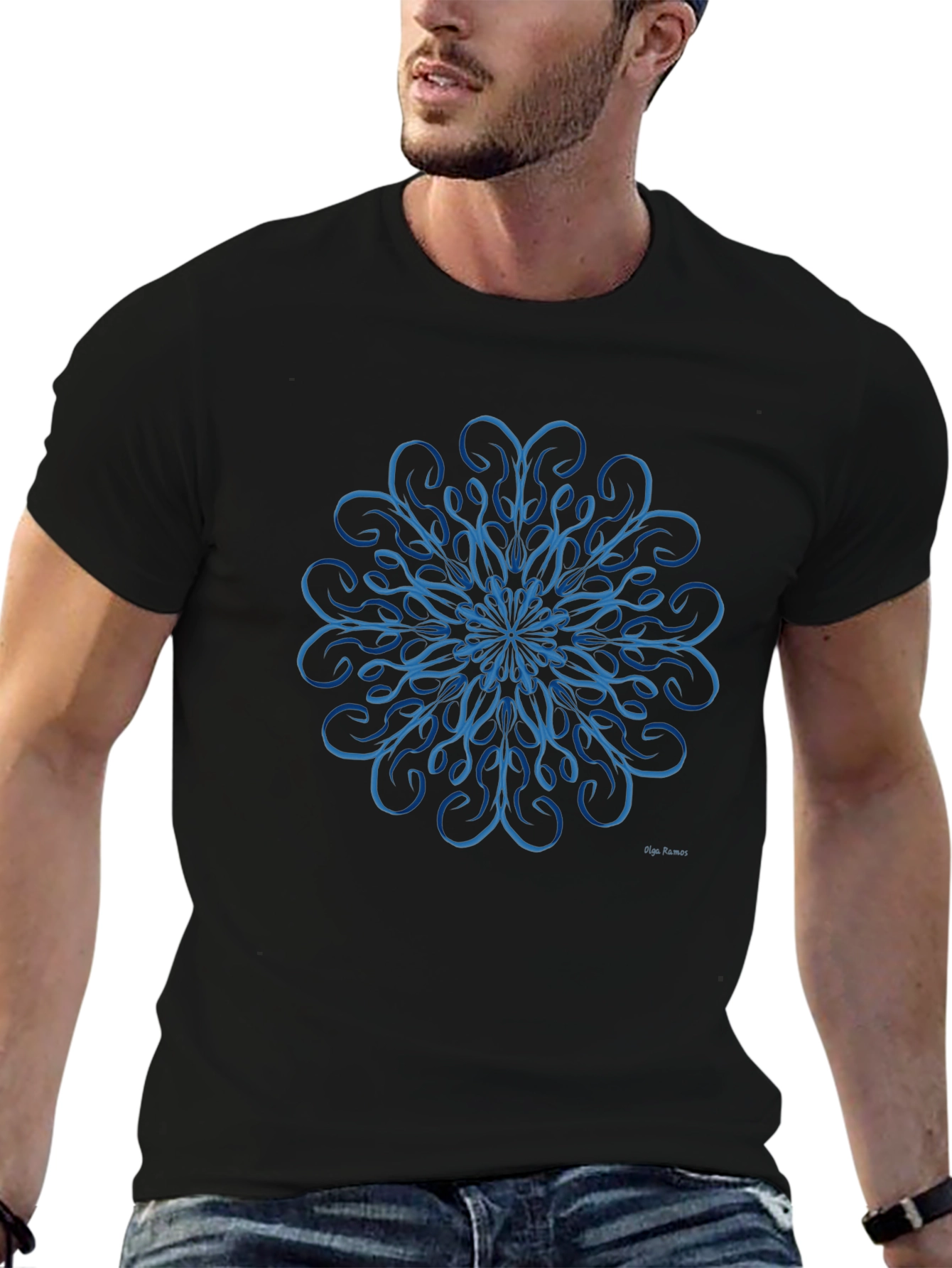 Black Blue Swirl Mandala Design Black T-Shirt view 6