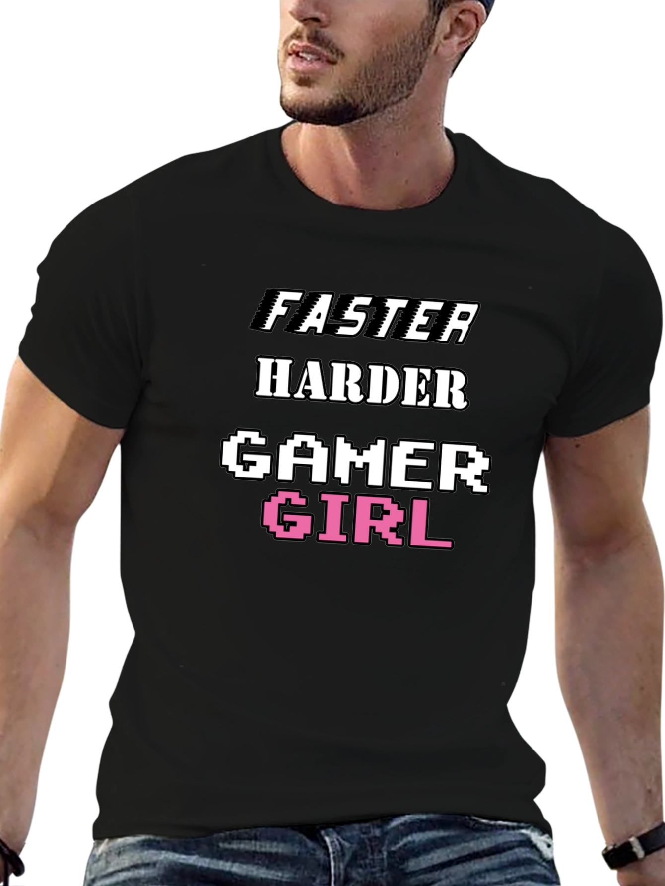 Black Faster Harder Gamer Girl Tee - Black Cotton T-Shirt view 6