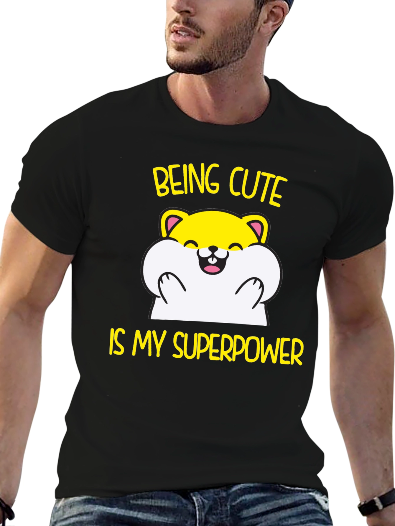 Black Cute Hamster Superpower T-Shirt - Funny Graphic Tee view 6