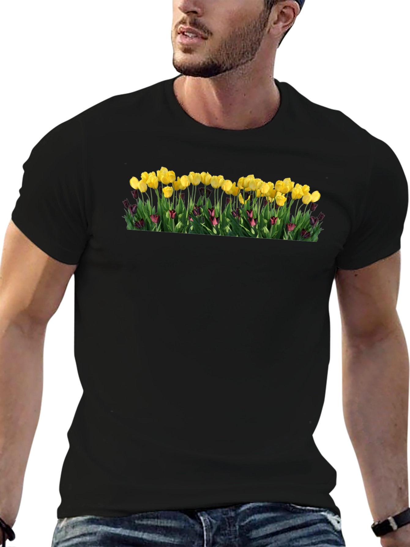 Black Floral Print T-Shirt - Yellow Tulips view 6