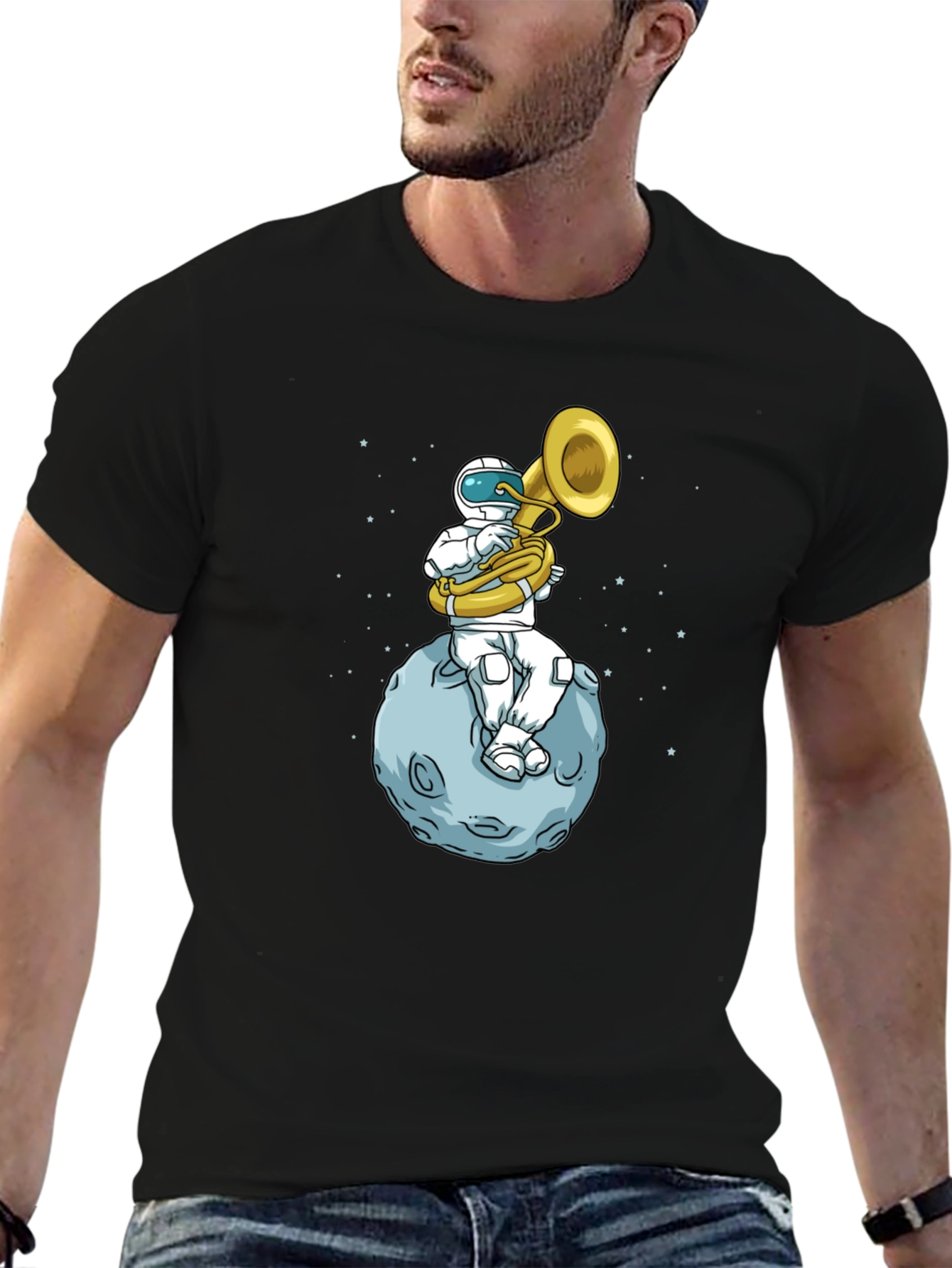 Black Astronaut Tuba Player on Moon T-Shirt view 6