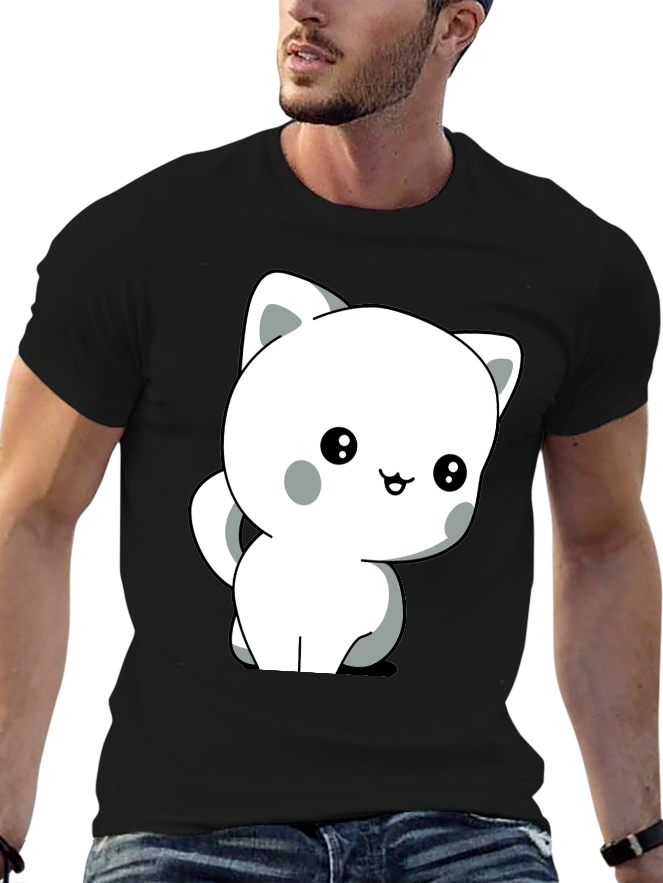 Black Cute Cartoon Cat Graphic Tee - Unisex Soft Cotton T-Shirt view 6