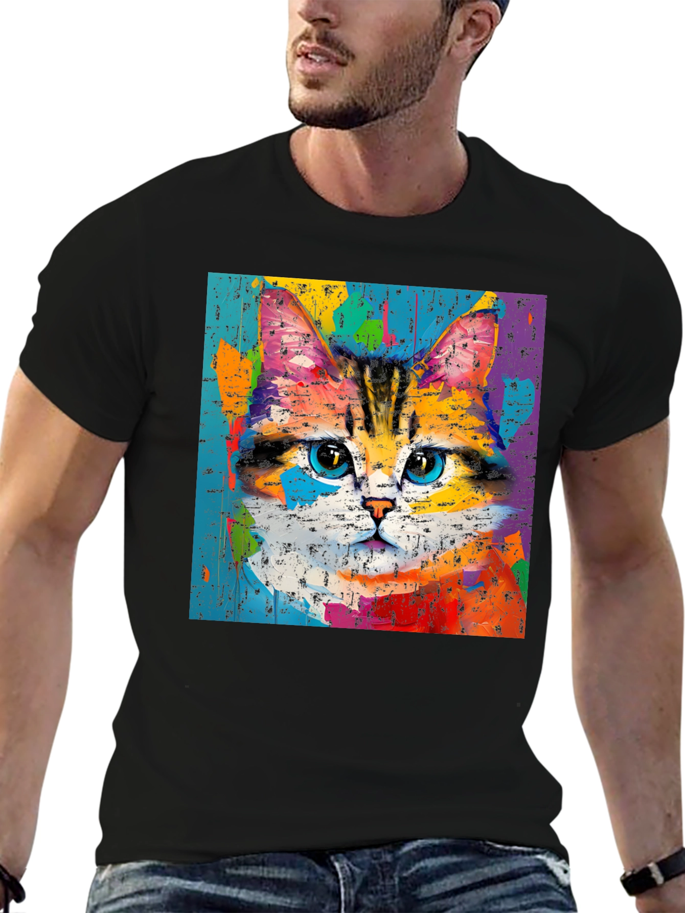 Black Colorful Cat Art T-Shirt view 6