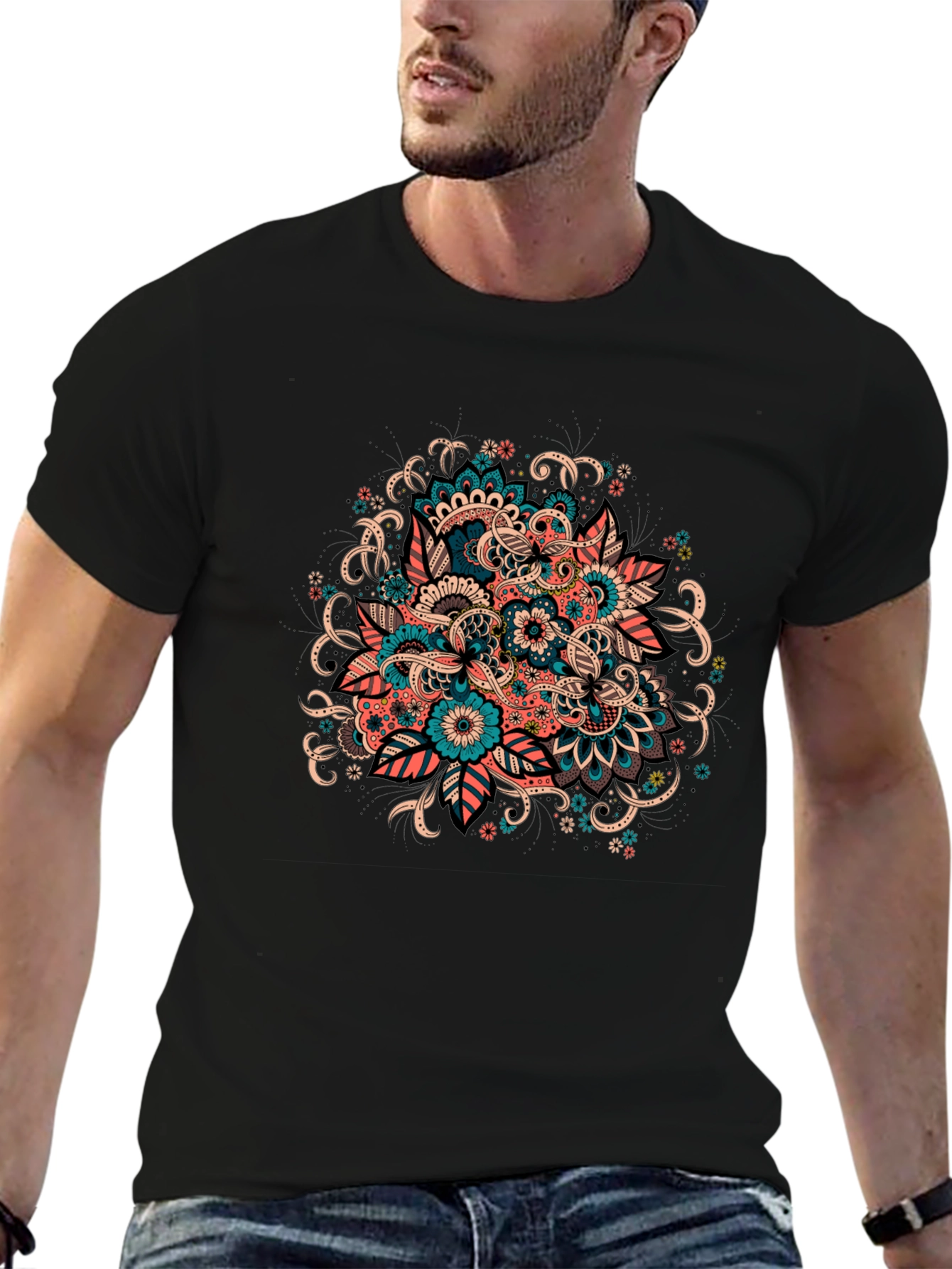 Black Floral Mandala Graphic Tee - Black Cotton T-Shirt view 6
