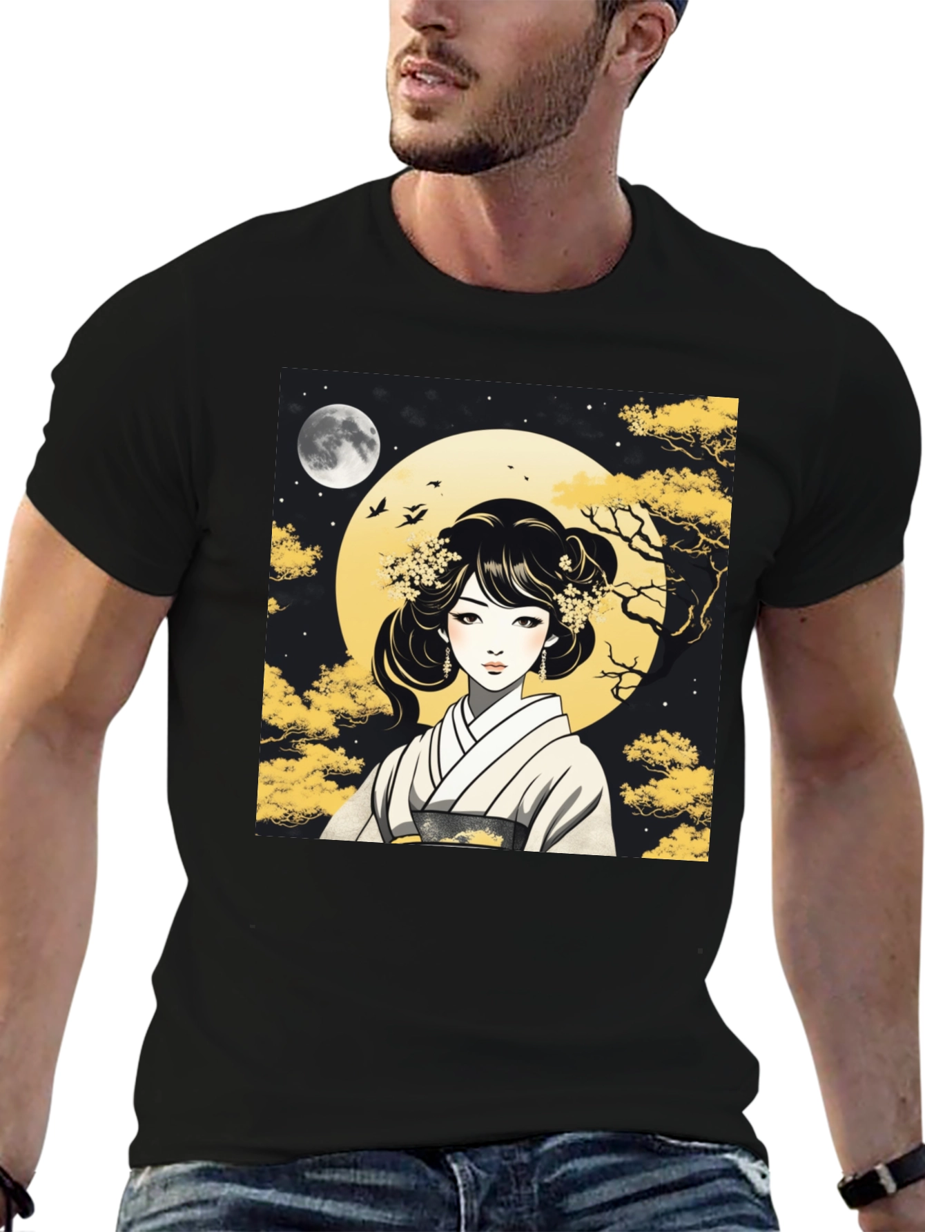 Black Asian Woman T-Shirt - Moonlit Kimono Design view 6