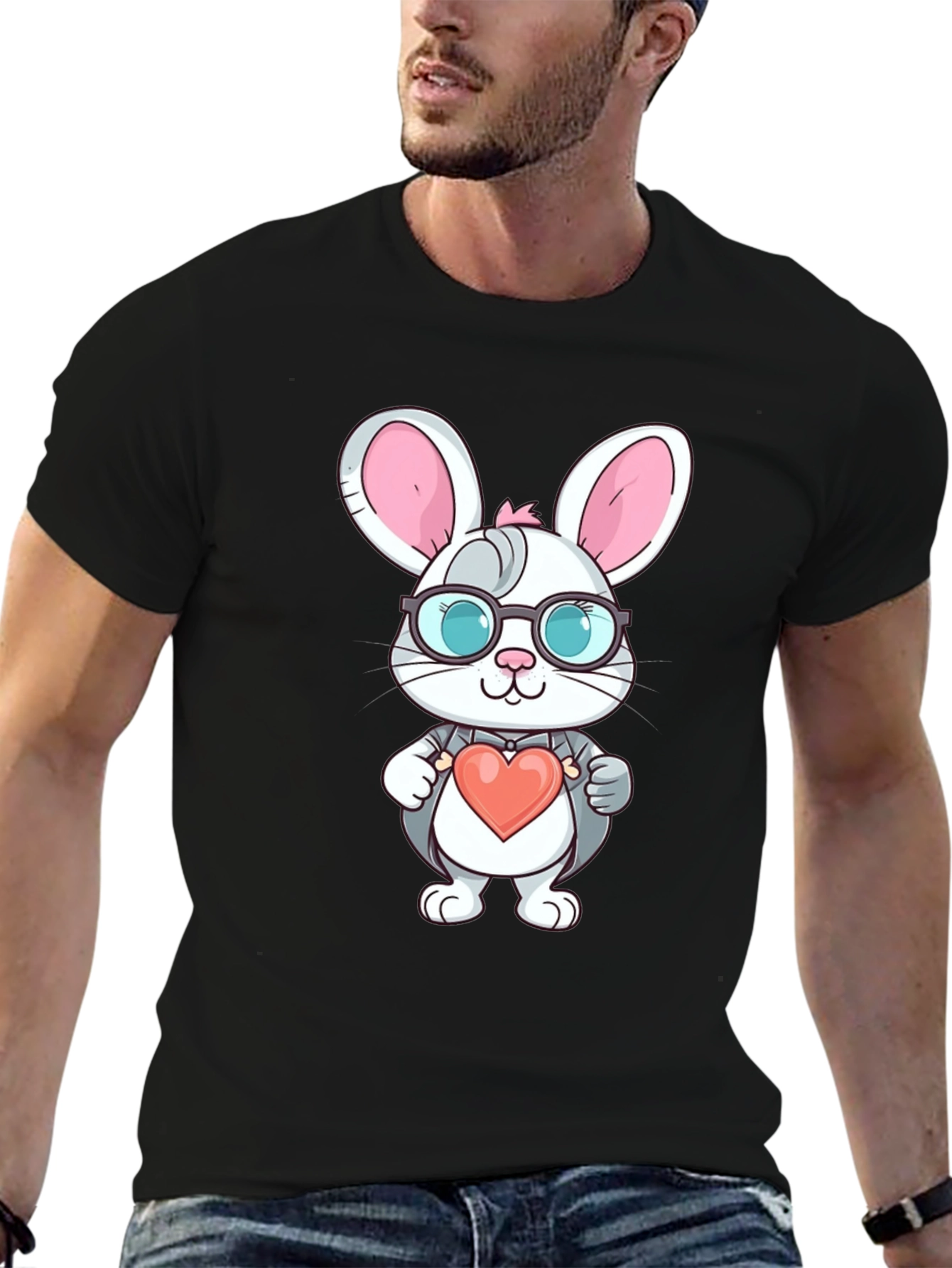Cute Bunny Heart Valentine's Black T-Shirt - 6