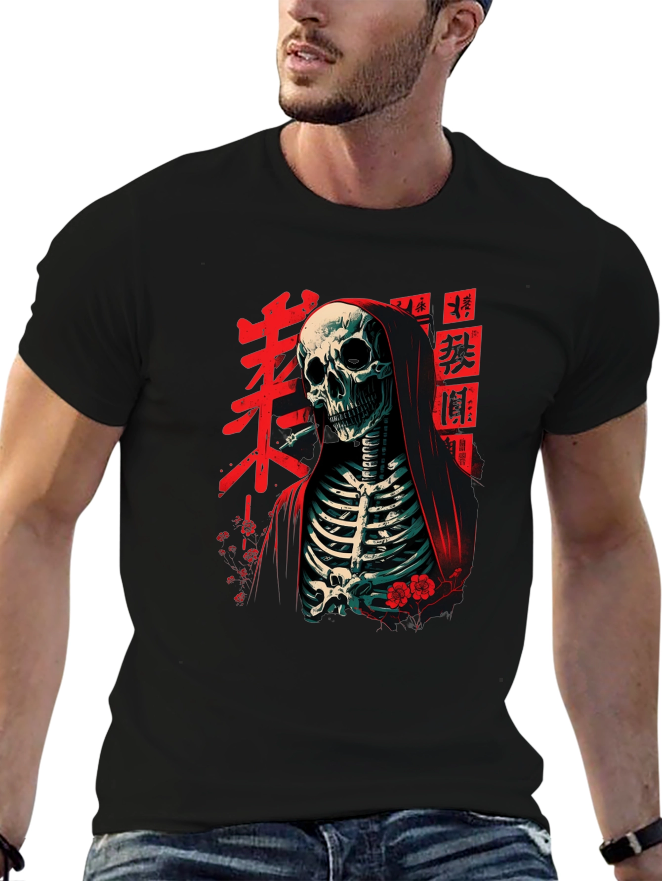 Black Grim Reaper Tee - Japanese Skeleton Graphic T-Shirt view 6