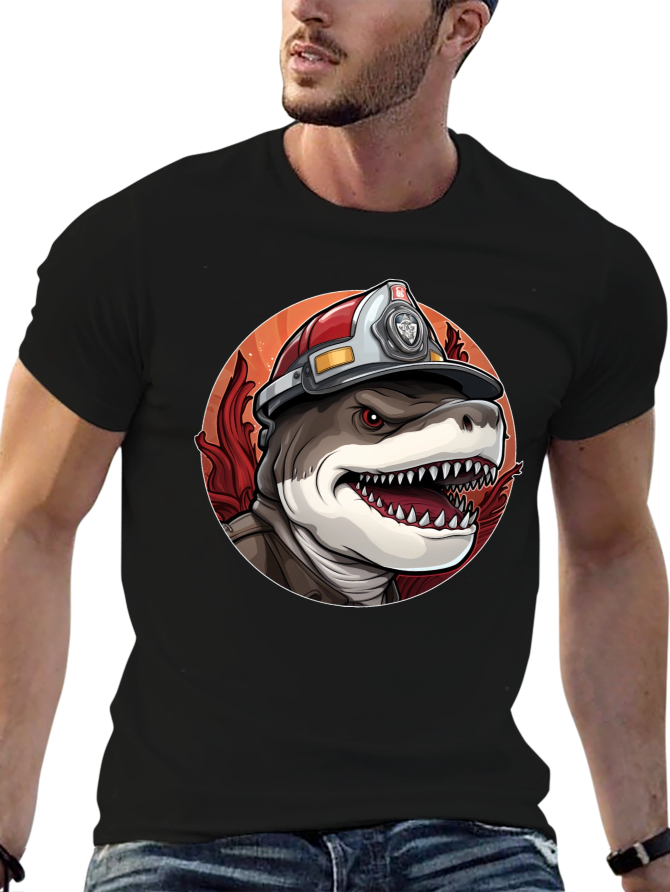 Black Firefighter Shark T-Shirt - Quirky Graphic Tee view 6