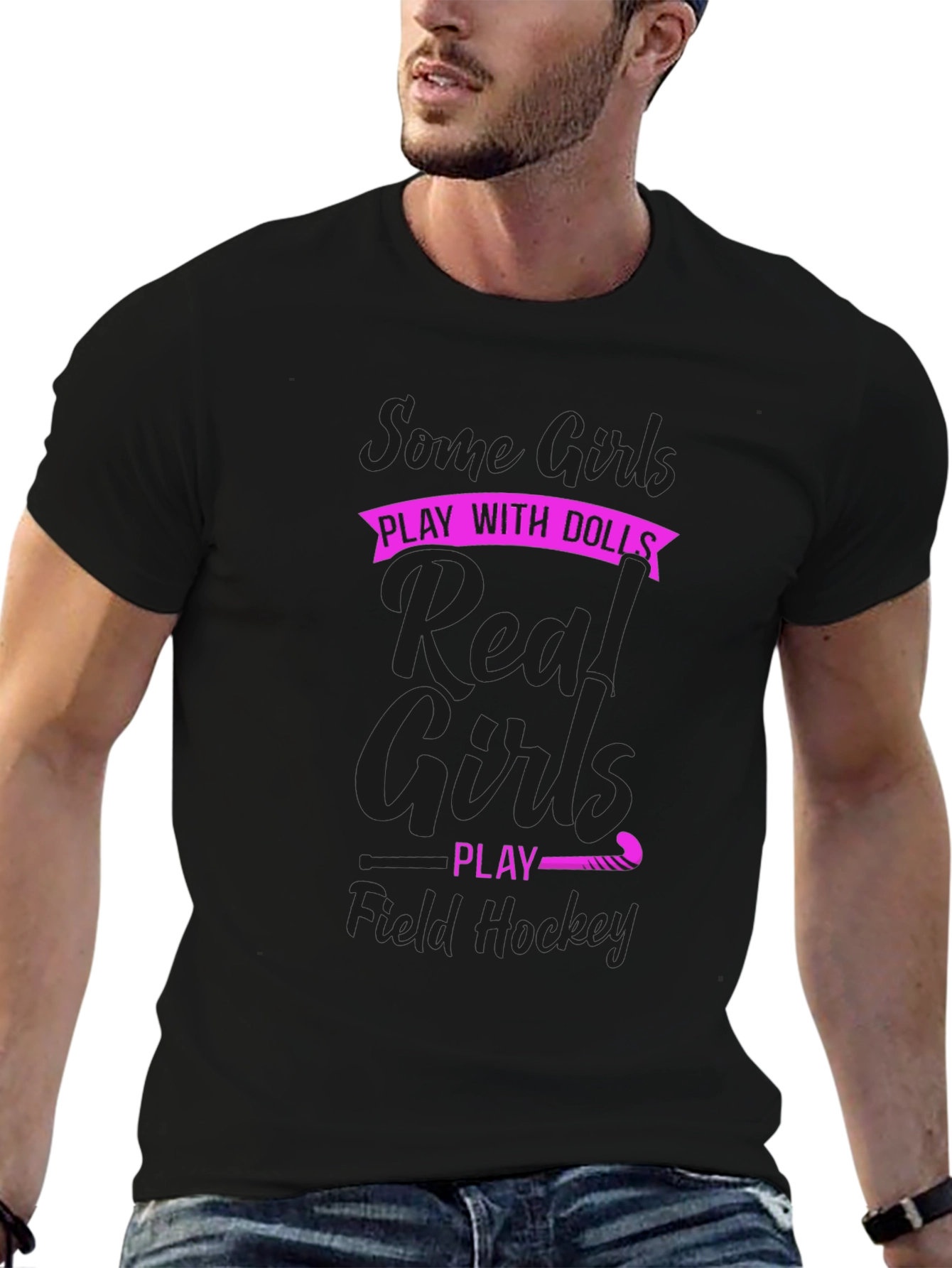 Black Field Hockey Girl's T-Shirt - Some Girls Play with Dolls view 6