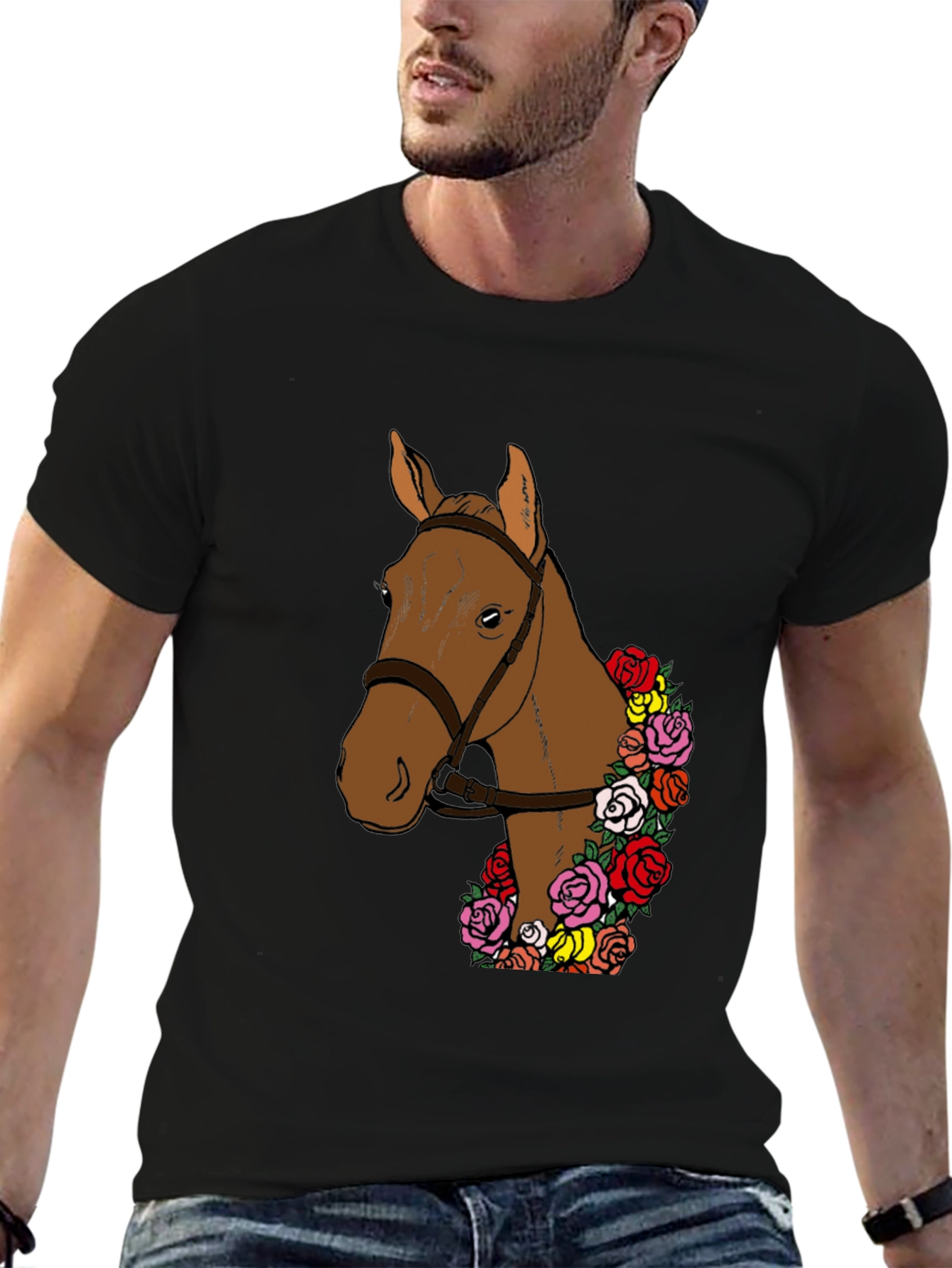 Black Horse & Roses Graphic Tee - Stylish Men's T-Shirt view 6