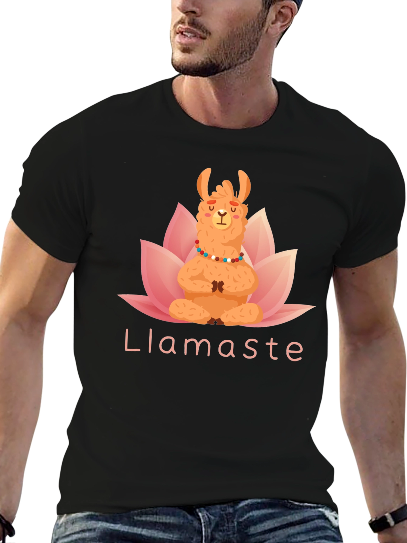 Black Llamaste Yoga T-Shirt - Meditating Llama Lotus Tee view 6