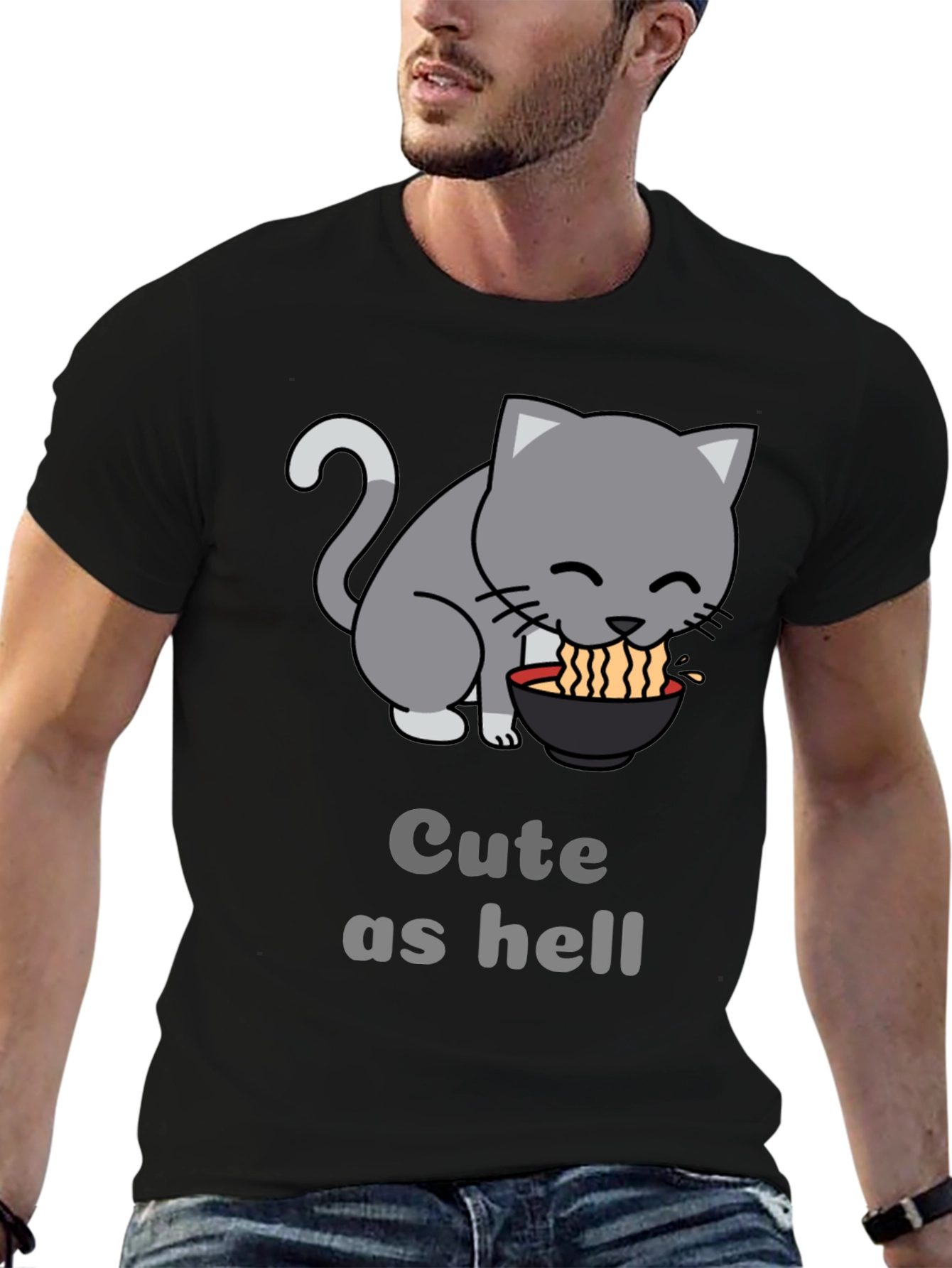 Black Cute Cat Ramen T-Shirt - Funny Anime Style Tee view 6