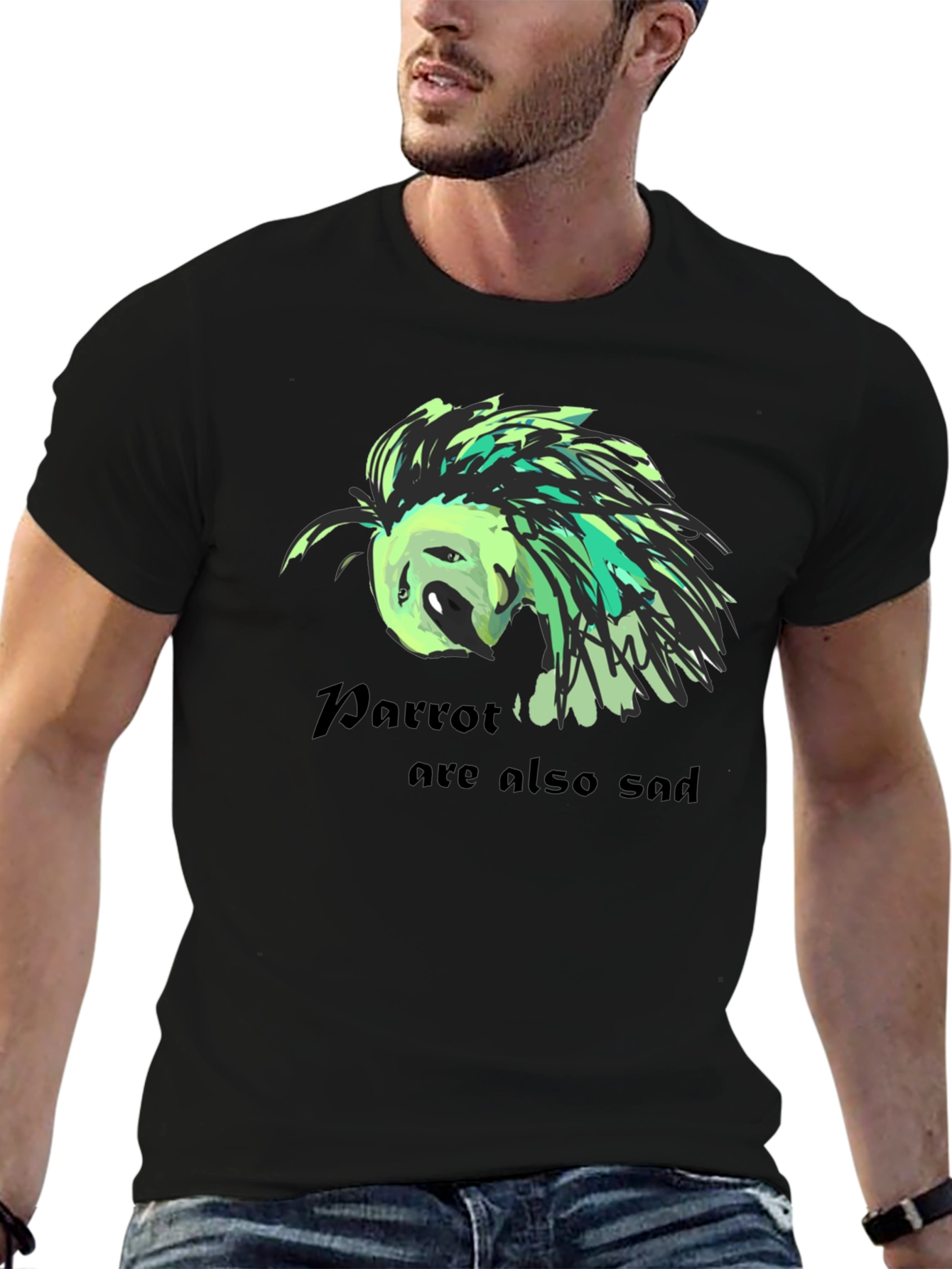 Black Sad Parrot Graphic Tee - Unisex Black T-Shirt view 6