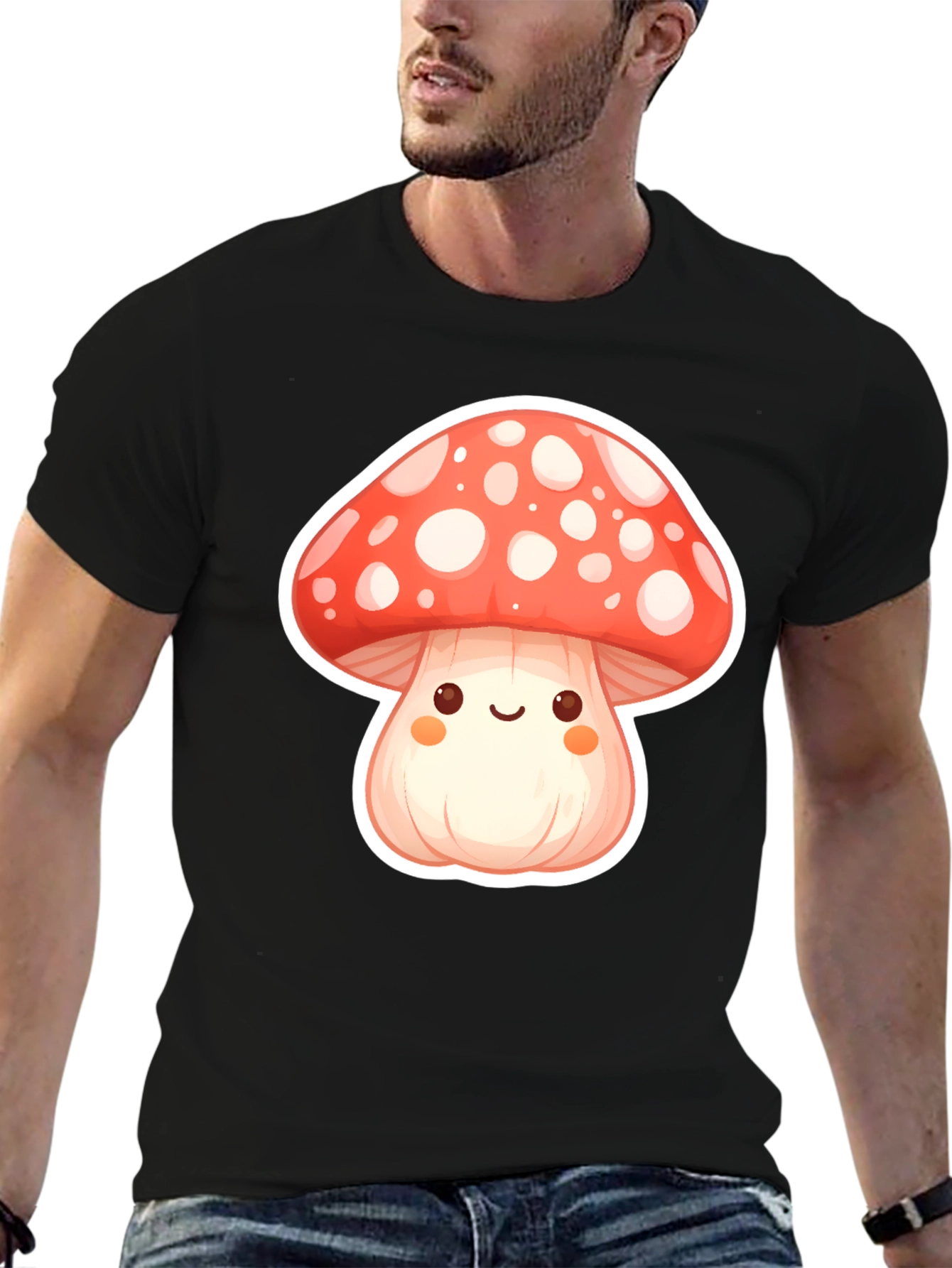 Black Cute Mushroom Graphic Tee - Soft Black Cotton T-Shirt view 6