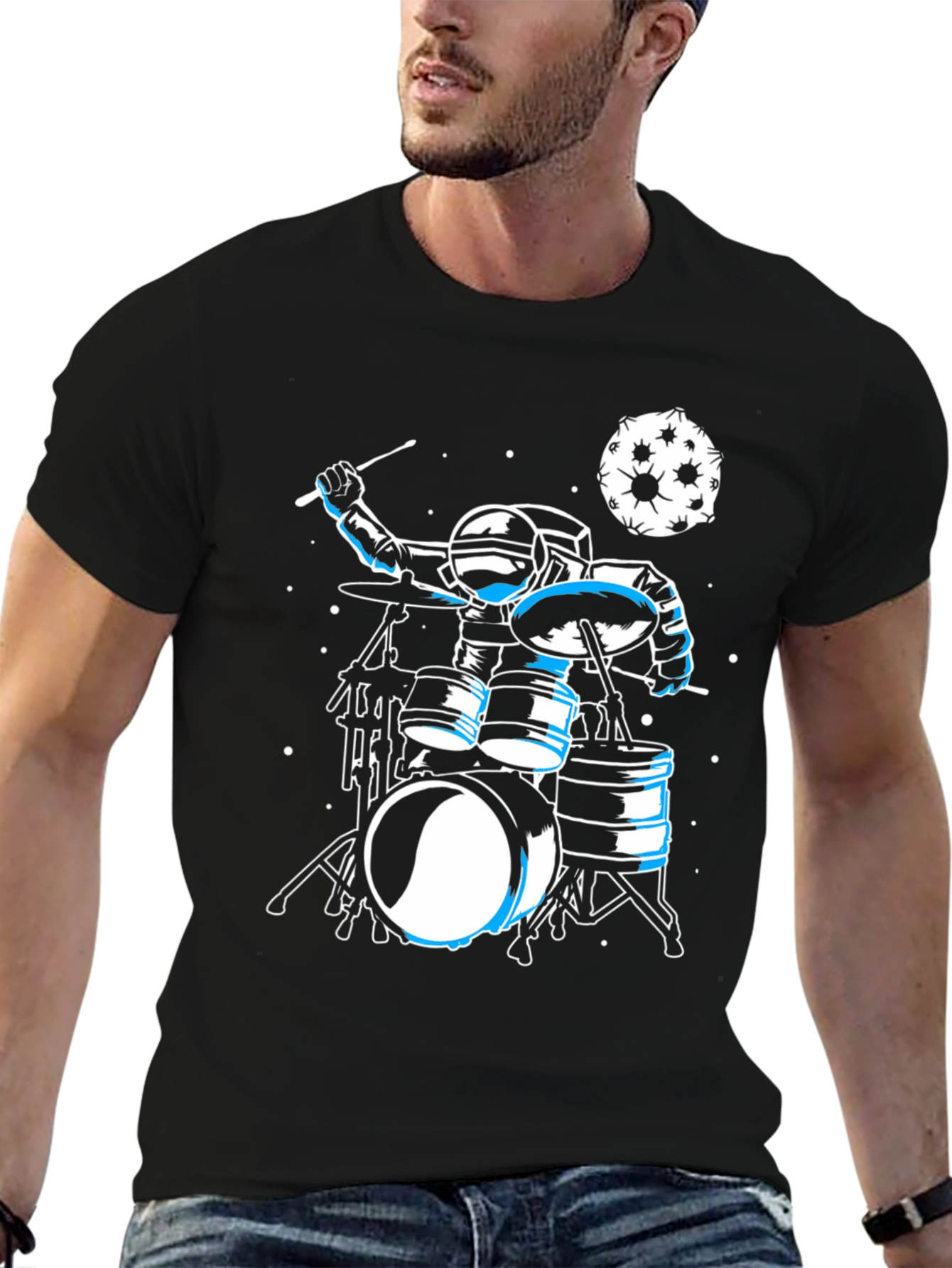 Black Astronaut Drummer Graphic Tee - Space Music Shirt view 6