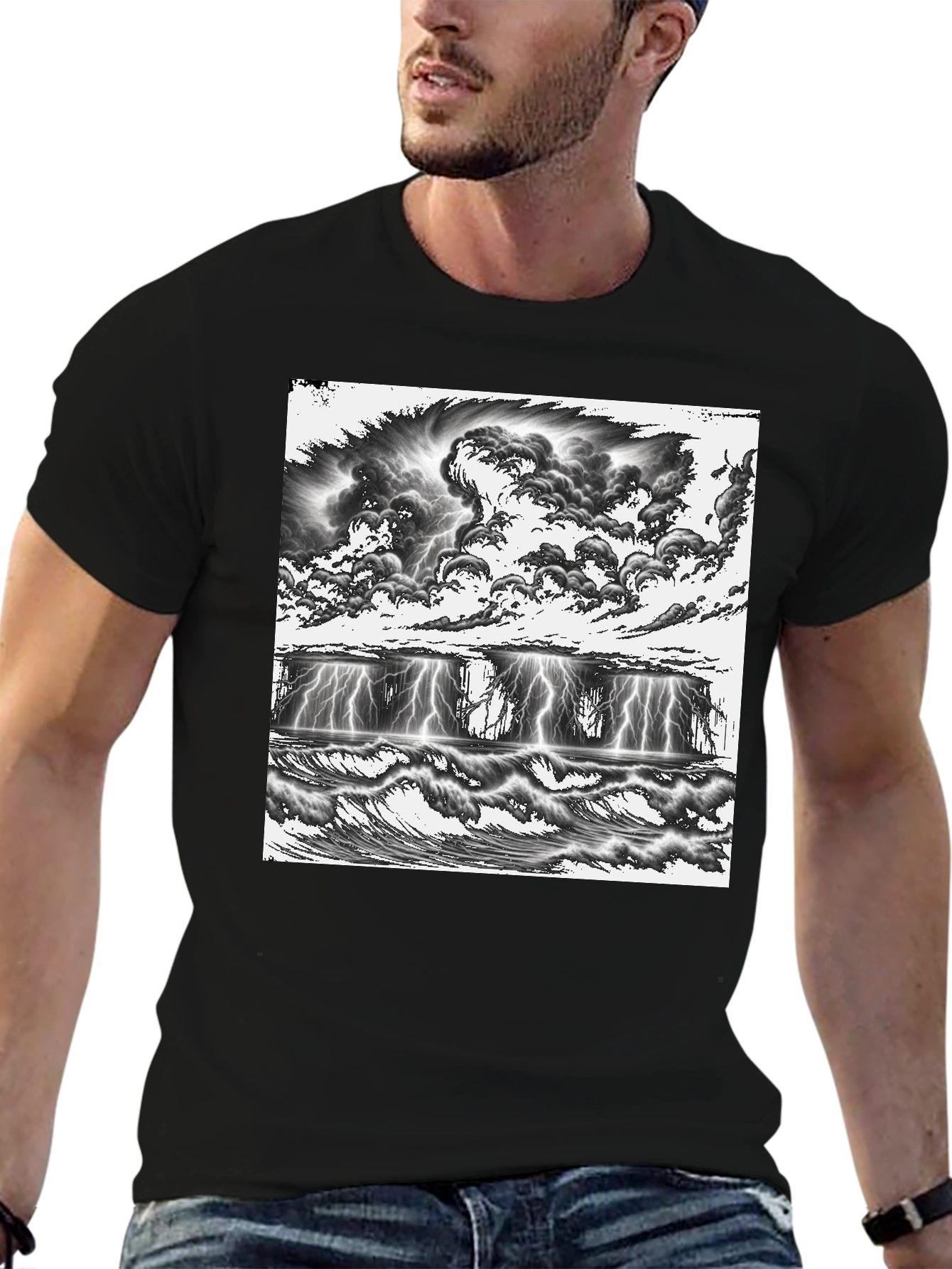 Black Stormy Seas Graphic Tee - Black Cotton T-Shirt view 6