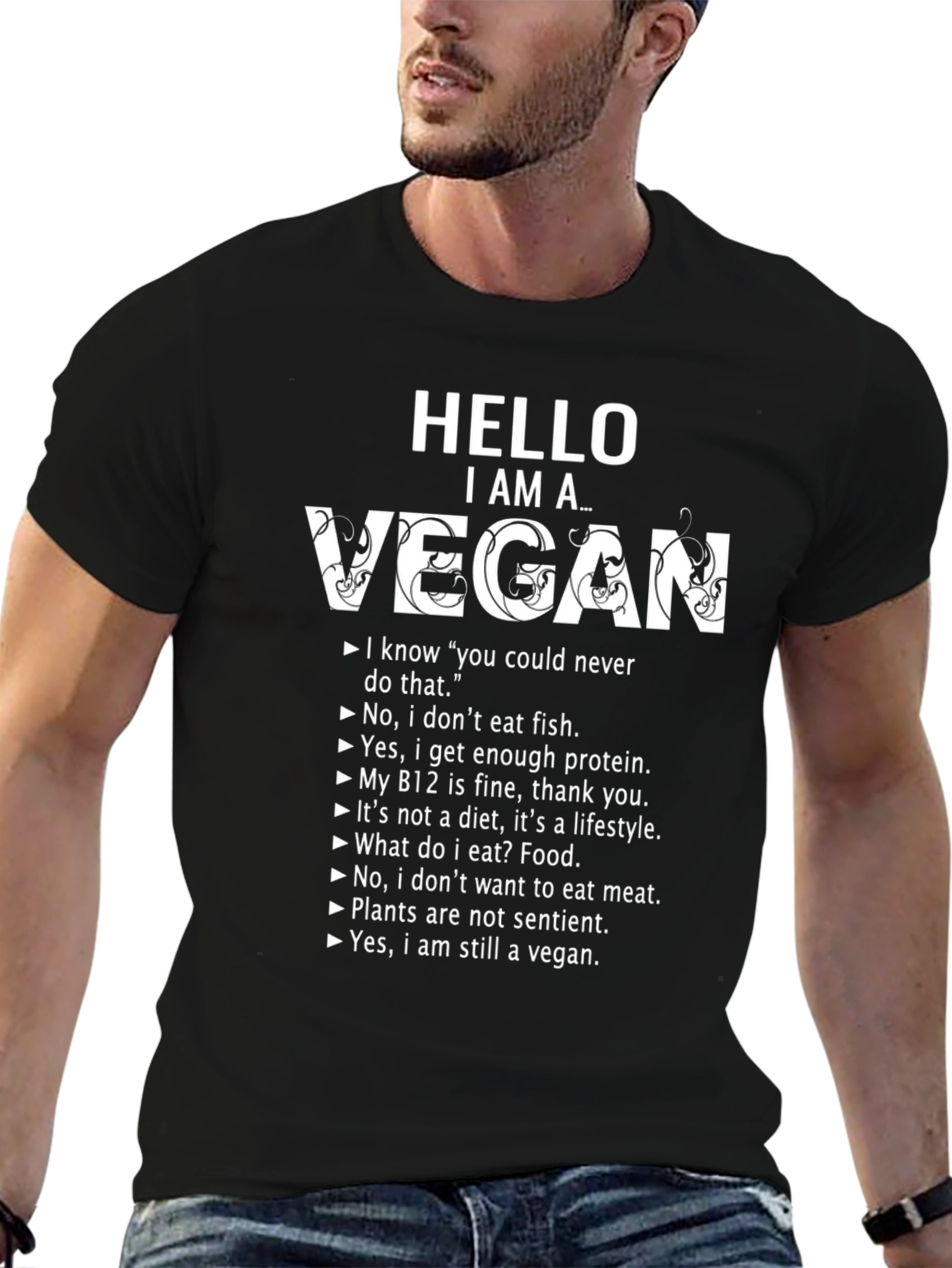 Black Hello I am a Vegan T-Shirt - Funny Vegan Lifestyle Tee view 6