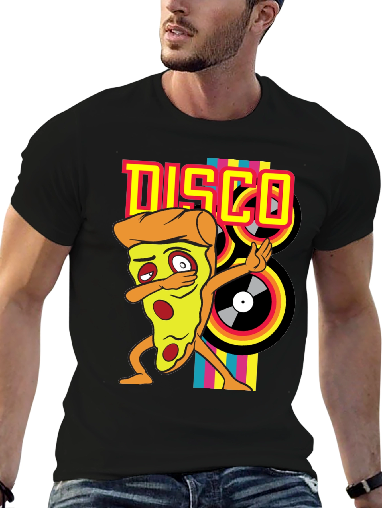 Black Disco Pizza T-Shirt - Unique Graphic Tee view 6
