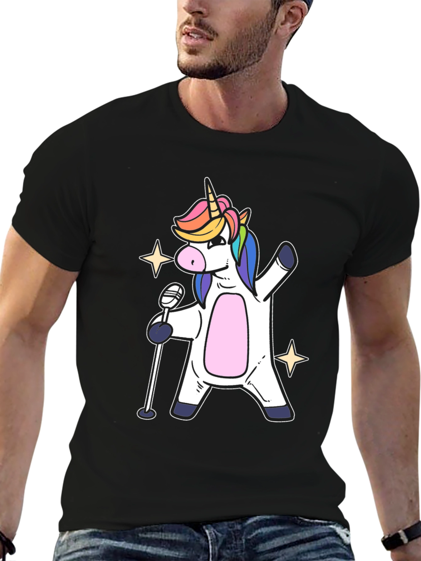 Black Unicorn Singer Graphic T-Shirt - Black Cotton Tee view 6