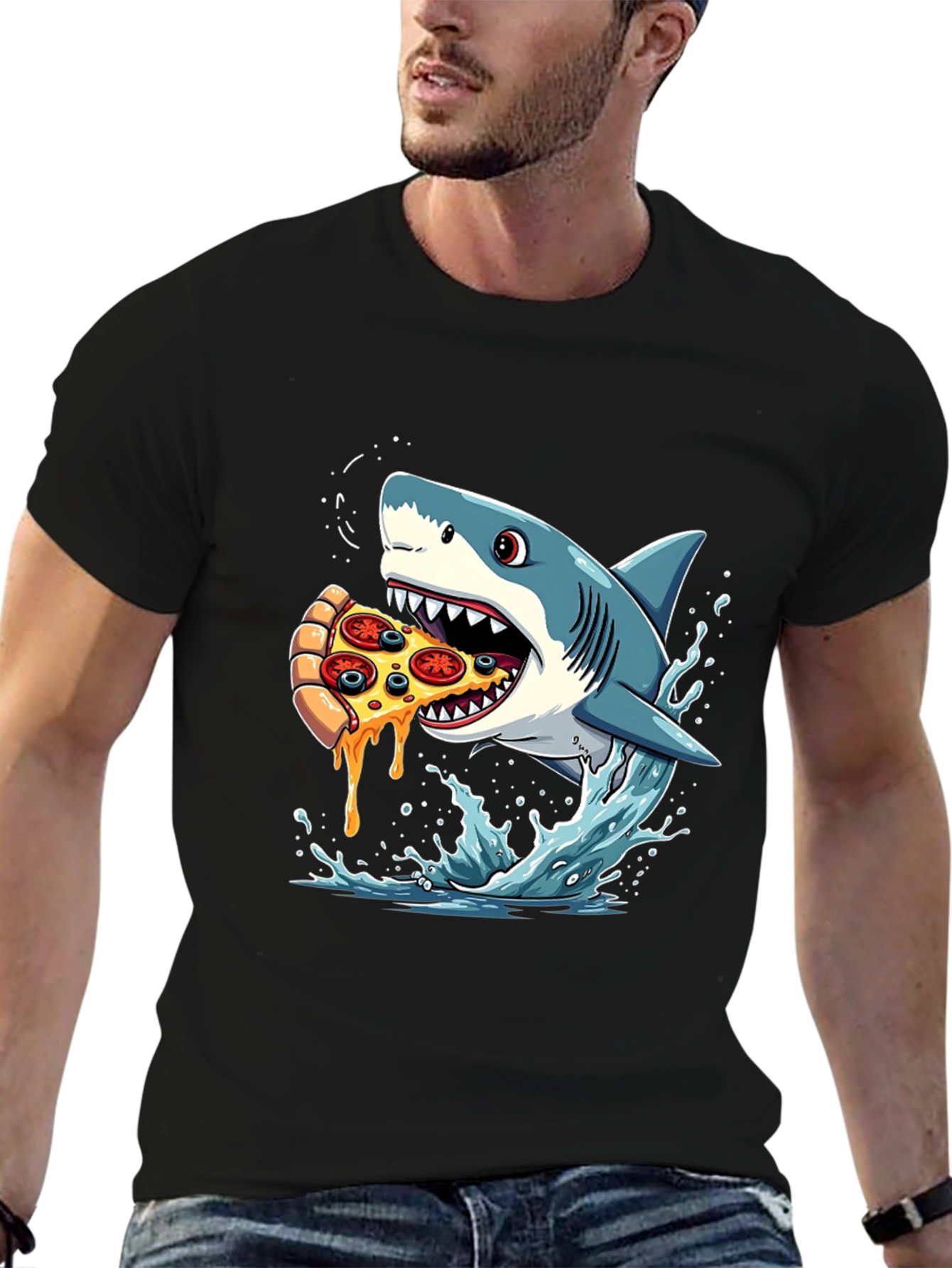 Black Shark Pizza T-Shirt Funny Graphic Tee view 6