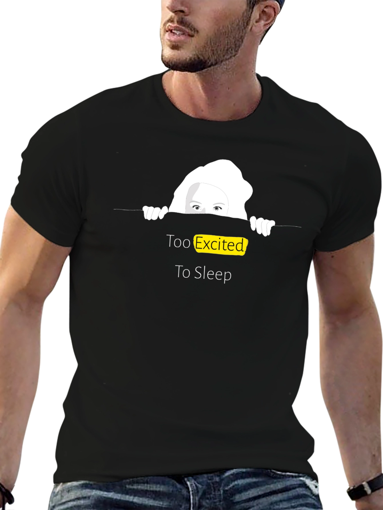 Black Too Excited to Sleep T-Shirt, Fun Graphic Tee view 6